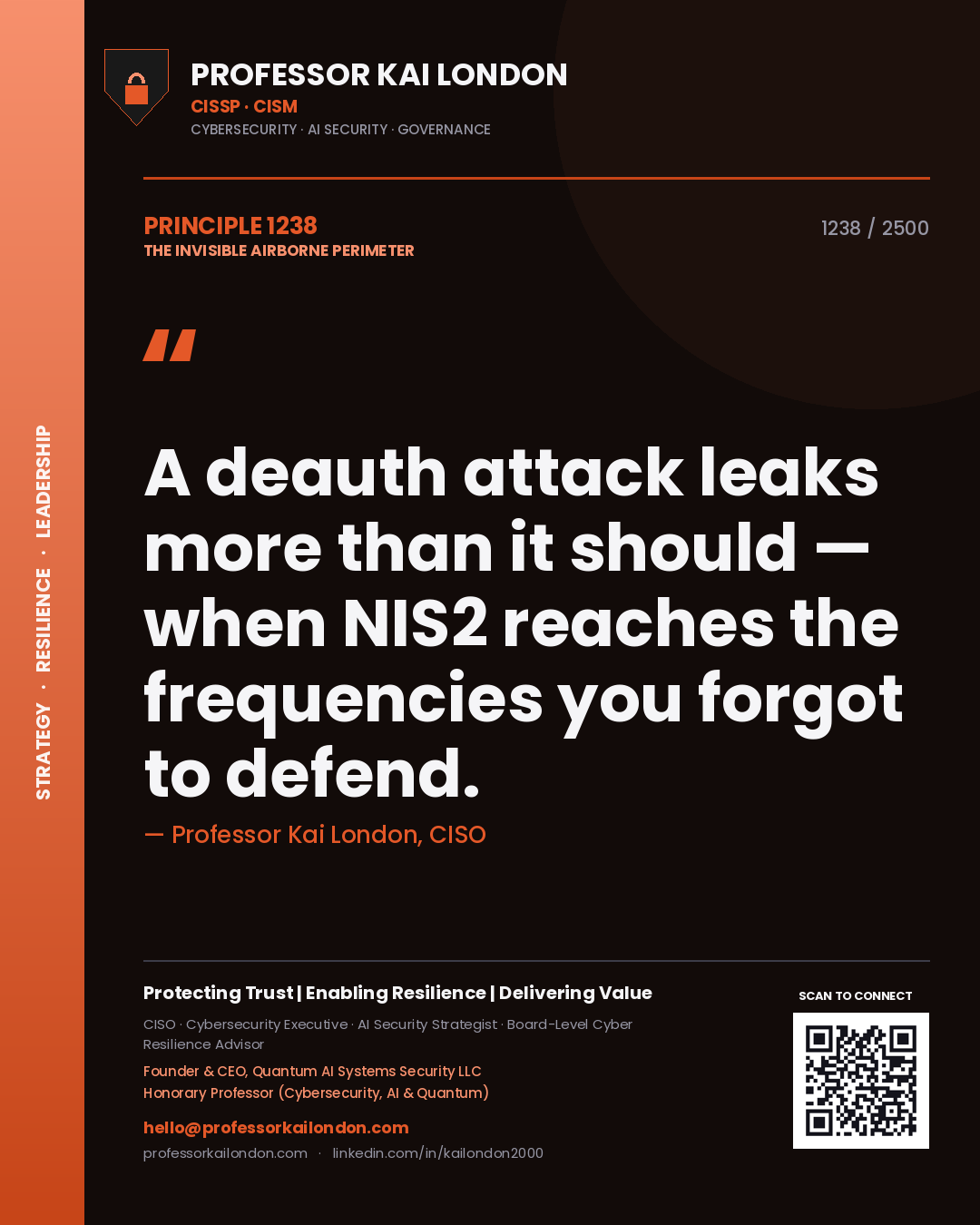 Quote card by Professor Kai London reading 'A deauth attack leaks more than it should — when NIS2 reaches the frequencies you forgot to defend.'. From the book The Invisible Airborne Perimeter.