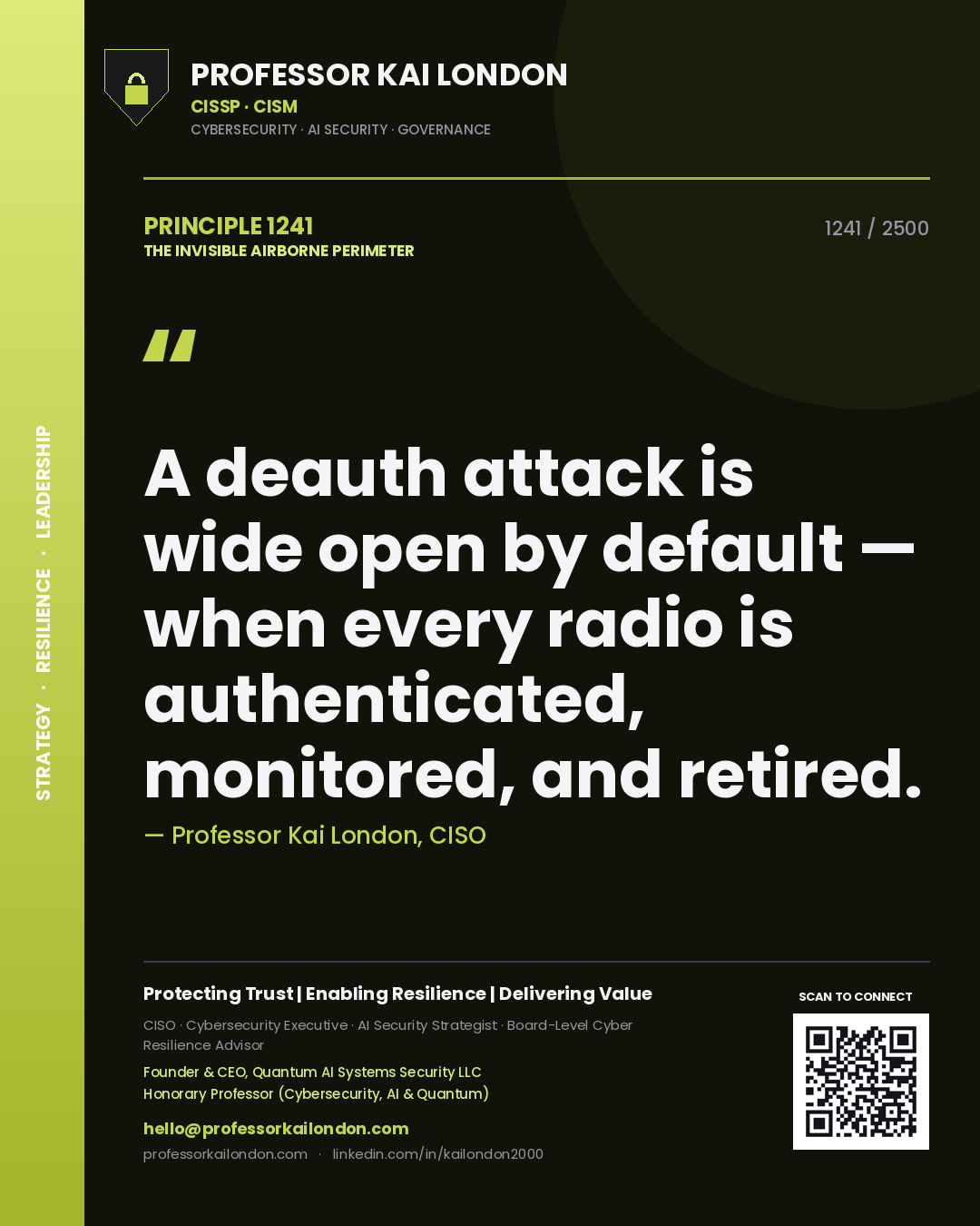 Quote card by Professor Kai London reading 'A deauth attack is wide open by default — when every radio is authenticated, monitored, and retired.'. From the book The Invisible Airborne Perimeter.