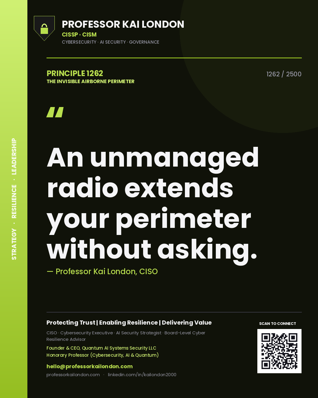 Quote card by Professor Kai London reading 'An unmanaged radio extends your perimeter without asking.'. From the book The Invisible Airborne Perimeter.