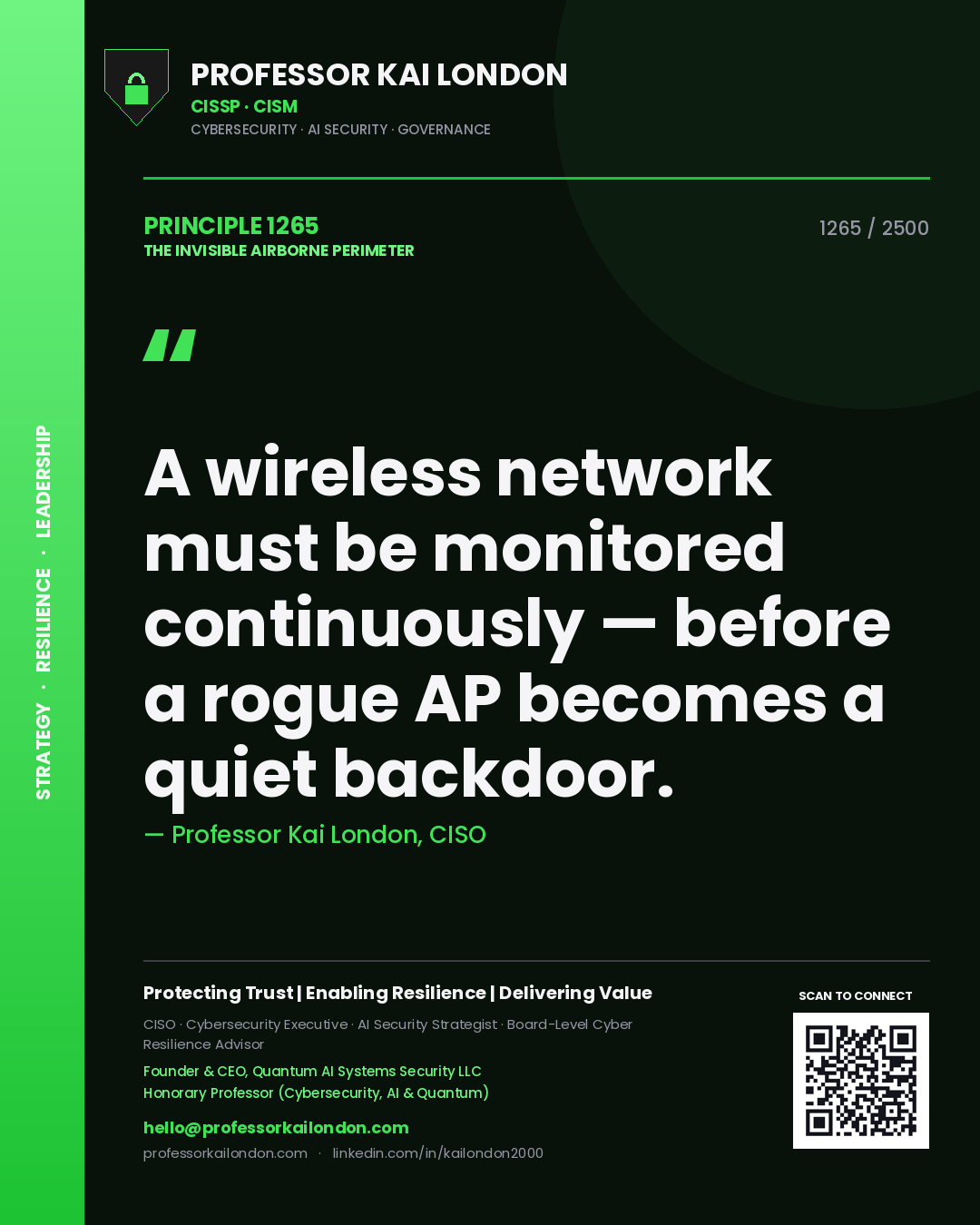 Quote card by Professor Kai London reading 'A wireless network must be monitored continuously — before a rogue AP becomes a quiet backdoor.'. From the book The Invisible Airborne Perimeter.