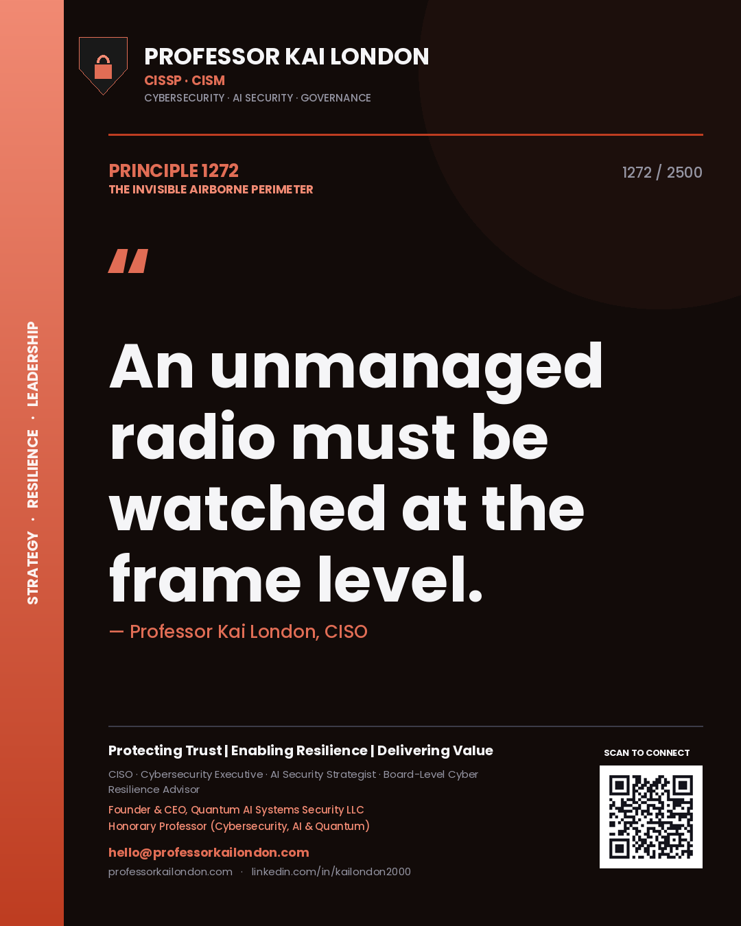 Quote card by Professor Kai London reading 'An unmanaged radio must be watched at the frame level.'. From the book The Invisible Airborne Perimeter.