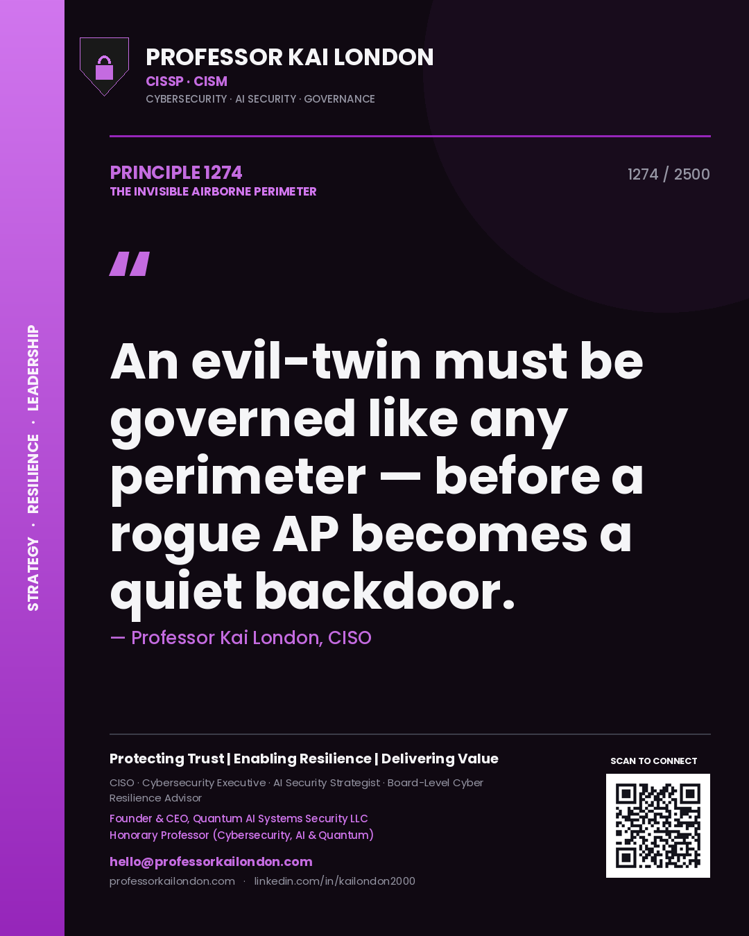 Quote card by Professor Kai London reading 'An evil-twin must be governed like any perimeter — before a rogue AP becomes a quiet backdoor.'. From the book The Invisible Airborne Perimeter.