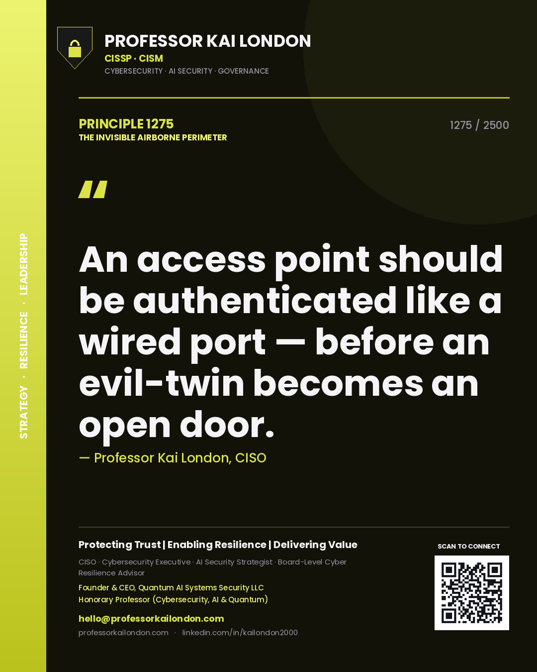 Quote card by Professor Kai London reading 'An access point should be authenticated like a wired port — before an evil-twin becomes an open door.'. From the book The Invisible Airborne Perimeter.