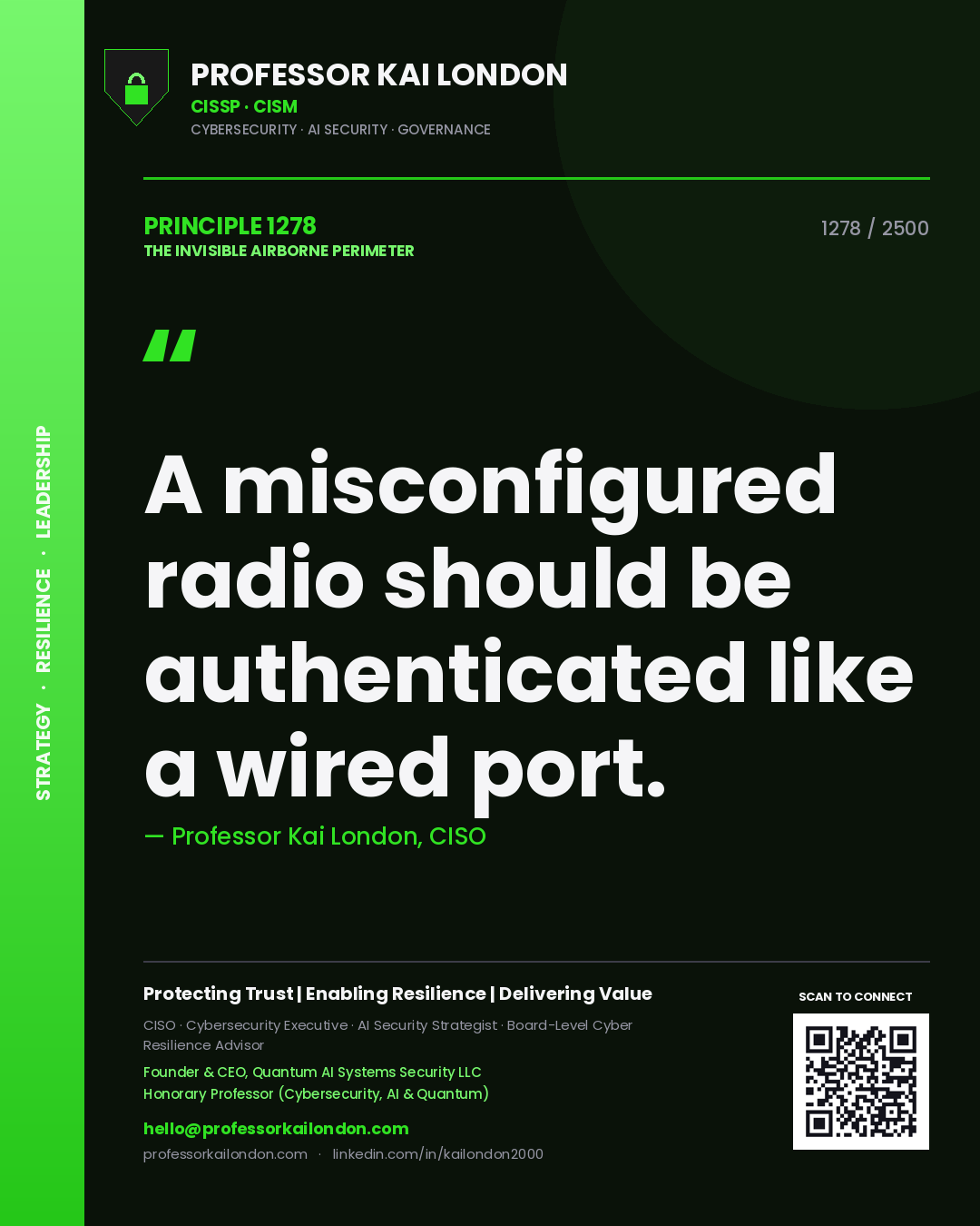 Quote card by Professor Kai London reading 'A misconfigured radio should be authenticated like a wired port.'. From the book The Invisible Airborne Perimeter.