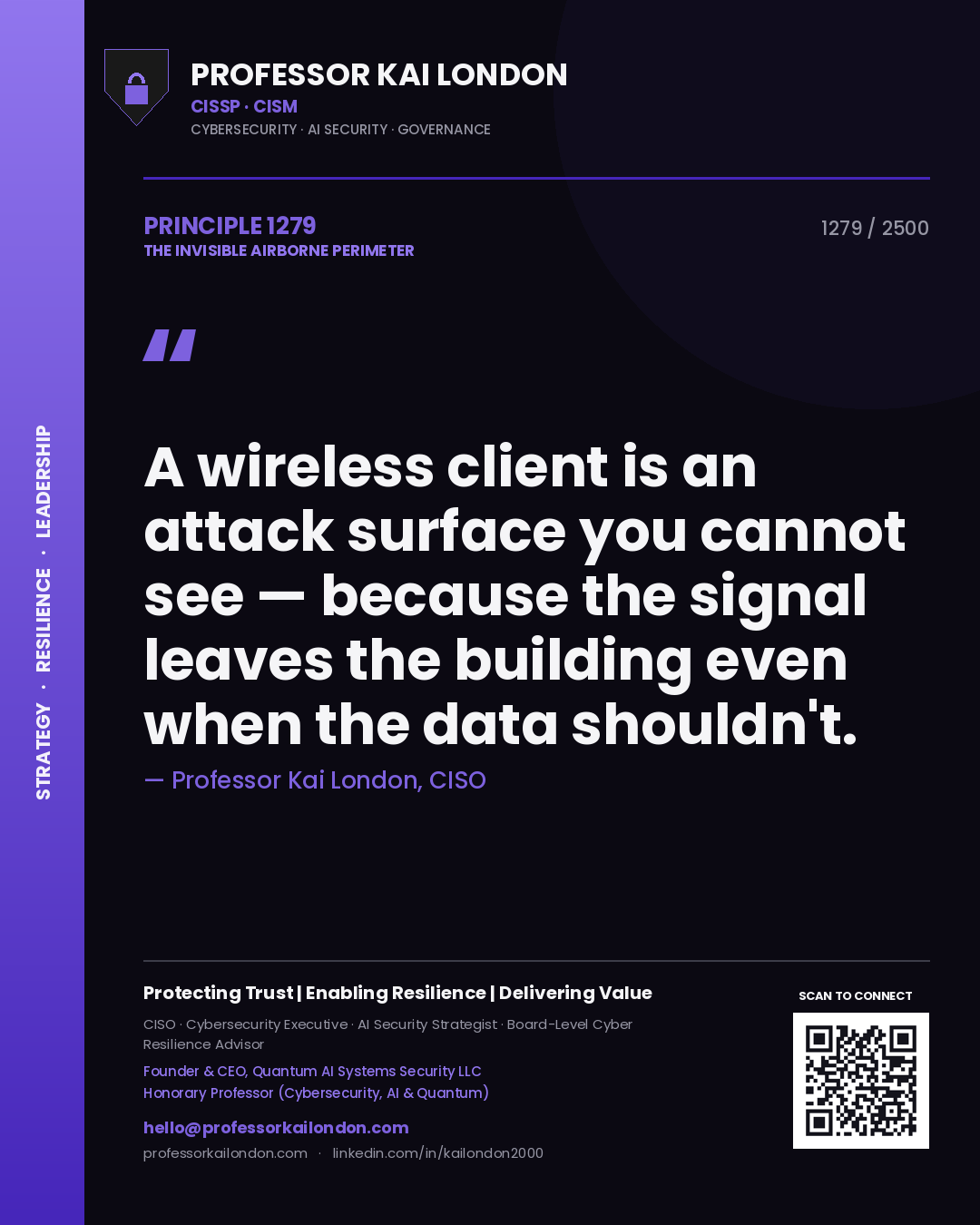 Professor Kai London principle 1279: A wireless client is an attack surface you cannot see — because the signal leaves the building even when the data shouldn't.