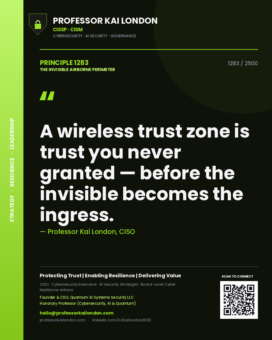 Quote card by Professor Kai London reading 'A wireless trust zone is trust you never granted — before the invisible becomes the ingress.'. From the book The Invisible Airborne Perimeter.