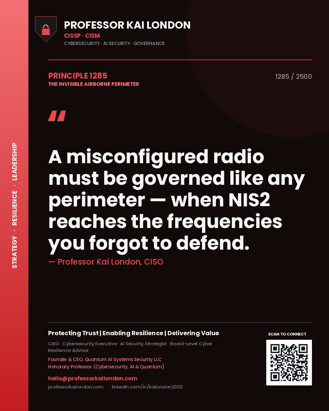Quote card by Professor Kai London reading 'A misconfigured radio must be governed like any perimeter — when NIS2 reaches the frequencies you forgot to defend.'. From the book The Invisible Airborne Perimeter.