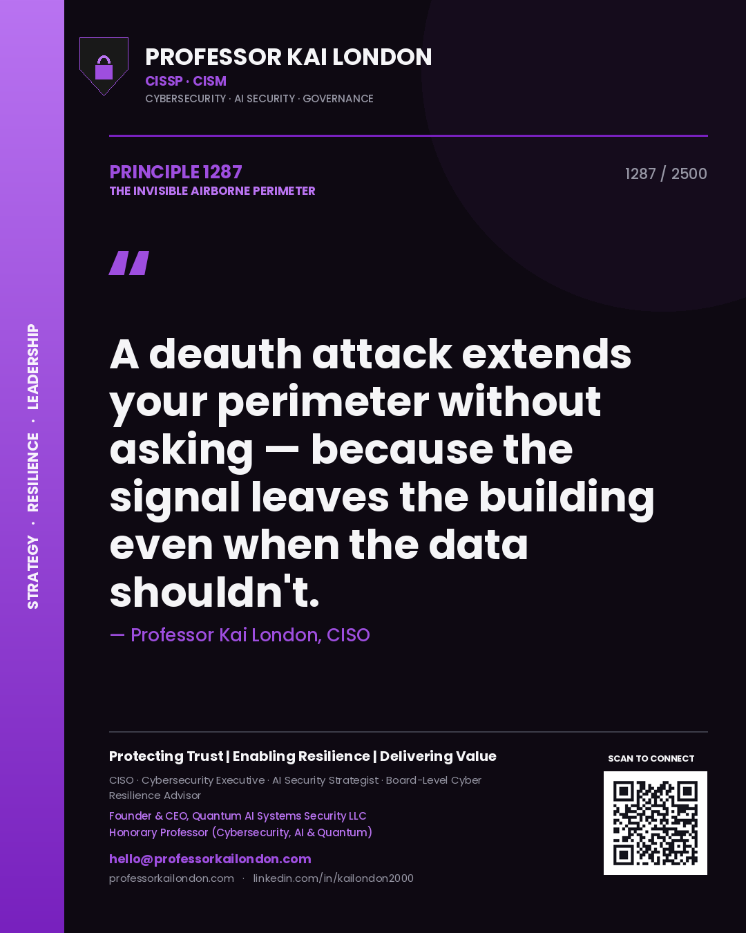 Quote card by Professor Kai London reading 'A deauth attack extends your perimeter without asking — because the signal leaves the building even when the data shouldn't.'. From the book The Invisible Airborne Perimeter.