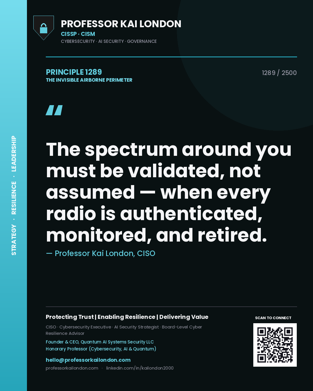 Quote card by Professor Kai London reading 'The spectrum around you must be validated, not assumed — when every radio is authenticated, monitored, and retired.'. From the book The Invisible Airborne Perimeter.