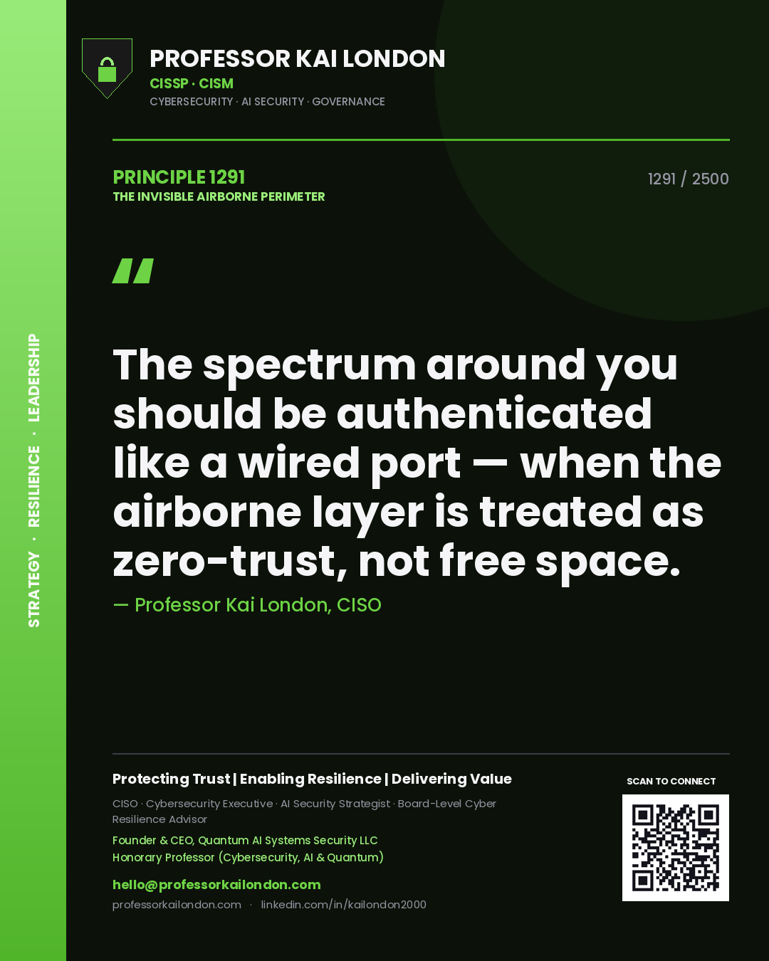 Quote card by Professor Kai London reading 'The spectrum around you should be authenticated like a wired port — when the airborne layer is treated as zero-trust, not free space.'. From the book The Invisible Airborne Perimeter.