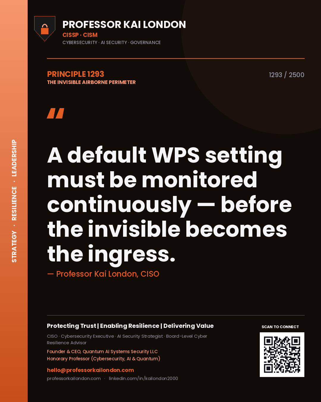 Quote card by Professor Kai London reading 'A default WPS setting must be monitored continuously — before the invisible becomes the ingress.'. From the book The Invisible Airborne Perimeter.