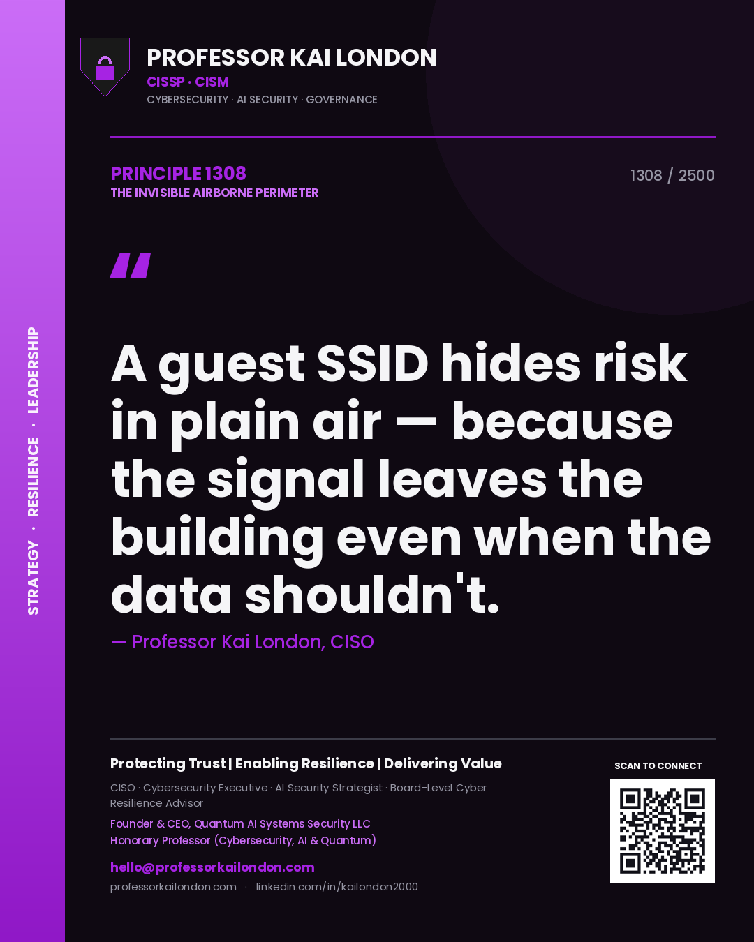 Quote card by Professor Kai London reading 'A guest SSID hides risk in plain air — because the signal leaves the building even when the data shouldn't.'. From the book The Invisible Airborne Perimeter.