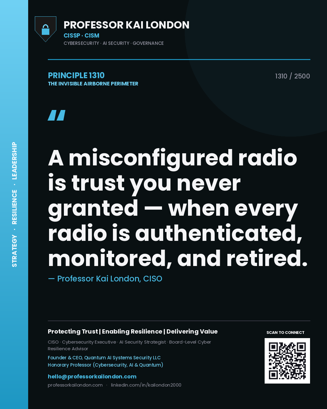 Professor Kai London principle 1310: A misconfigured radio is trust you never granted — when every radio is authenticated, monitored, and retired.