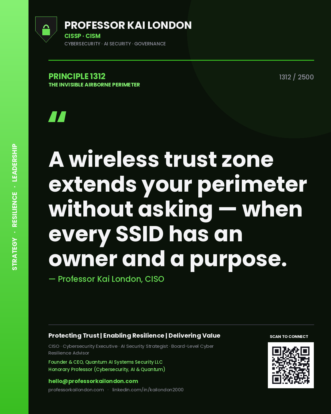 Professor Kai London principle 1312: A wireless trust zone extends your perimeter without asking — when every SSID has an owner and a purpose.