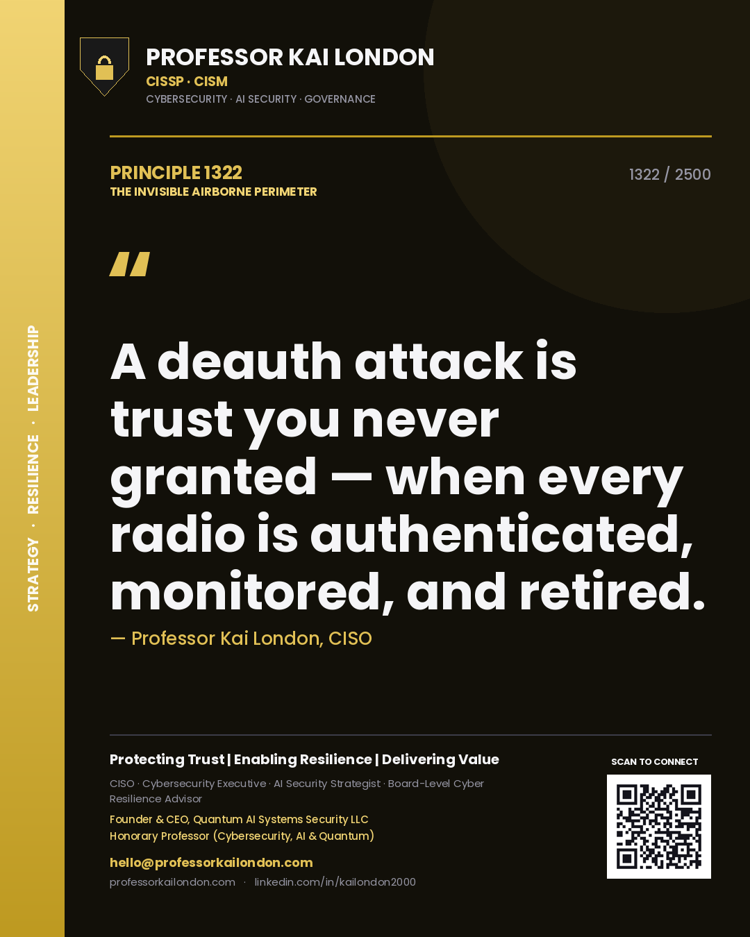 Professor Kai London principle 1322: A deauth attack is trust you never granted — when every radio is authenticated, monitored, and retired.