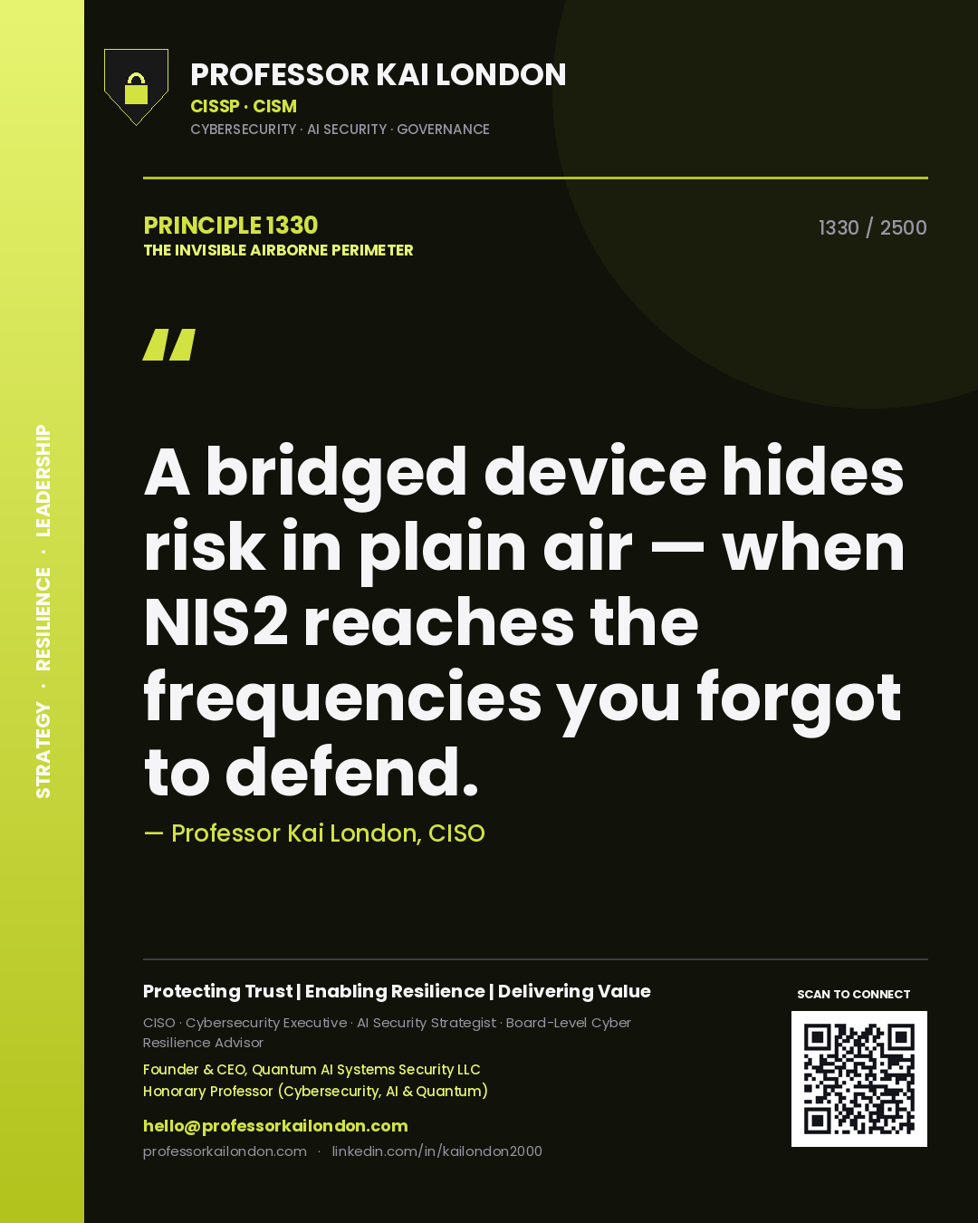 Professor Kai London principle 1330: A bridged device hides risk in plain air — when NIS2 reaches the frequencies you forgot to defend.
