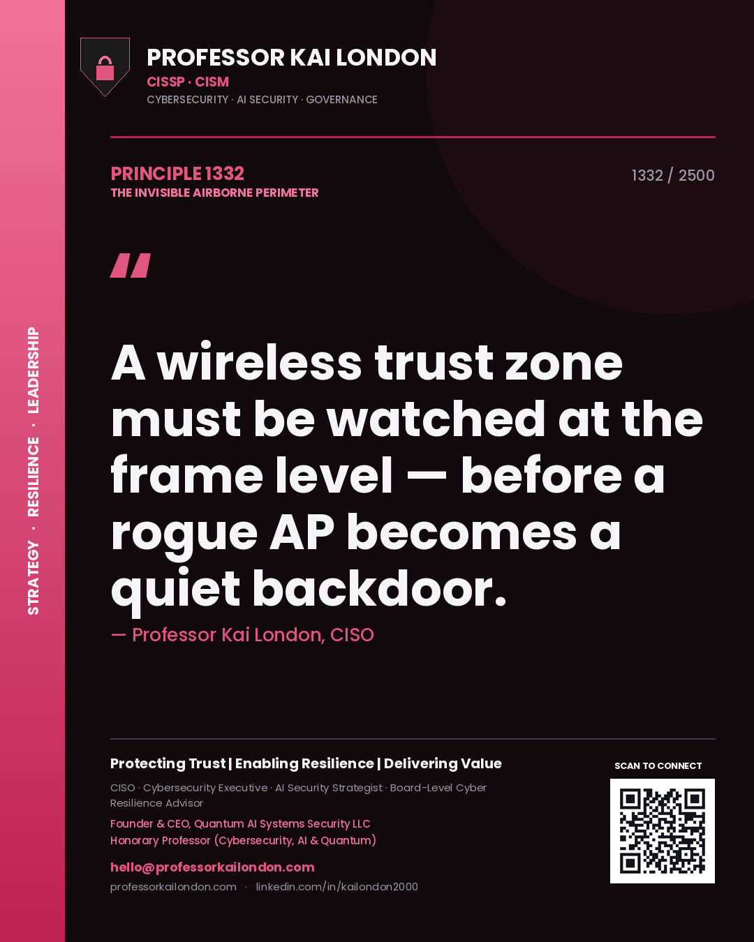 Professor Kai London principle 1332: A wireless trust zone must be watched at the frame level — before a rogue AP becomes a quiet backdoor.