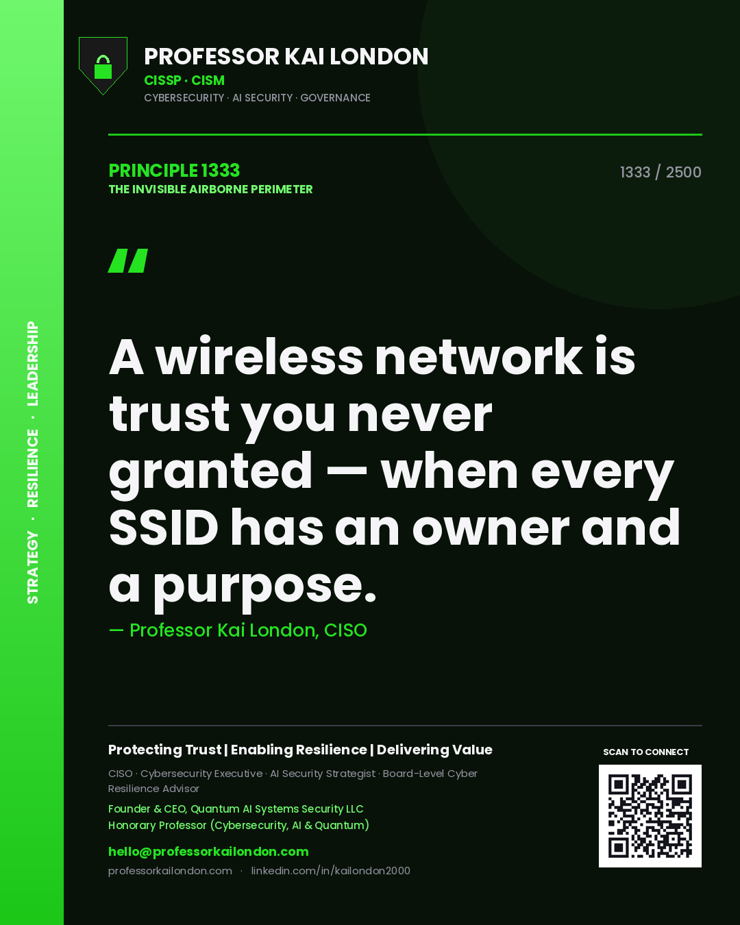 Professor Kai London principle 1333: A wireless network is trust you never granted — when every SSID has an owner and a purpose.
