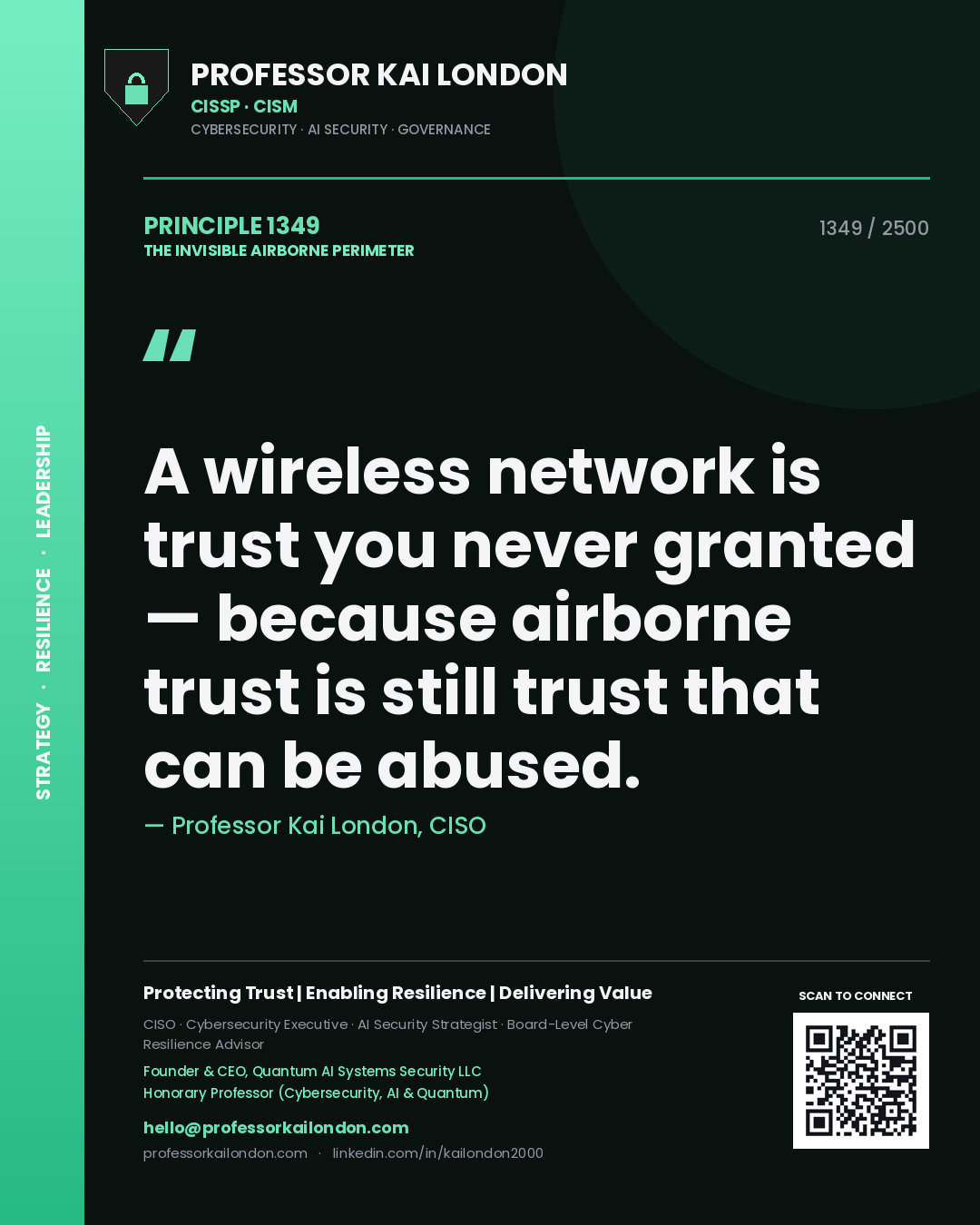 Professor Kai London principle 1349: A wireless network is trust you never granted — because airborne trust is still trust that can be abused.