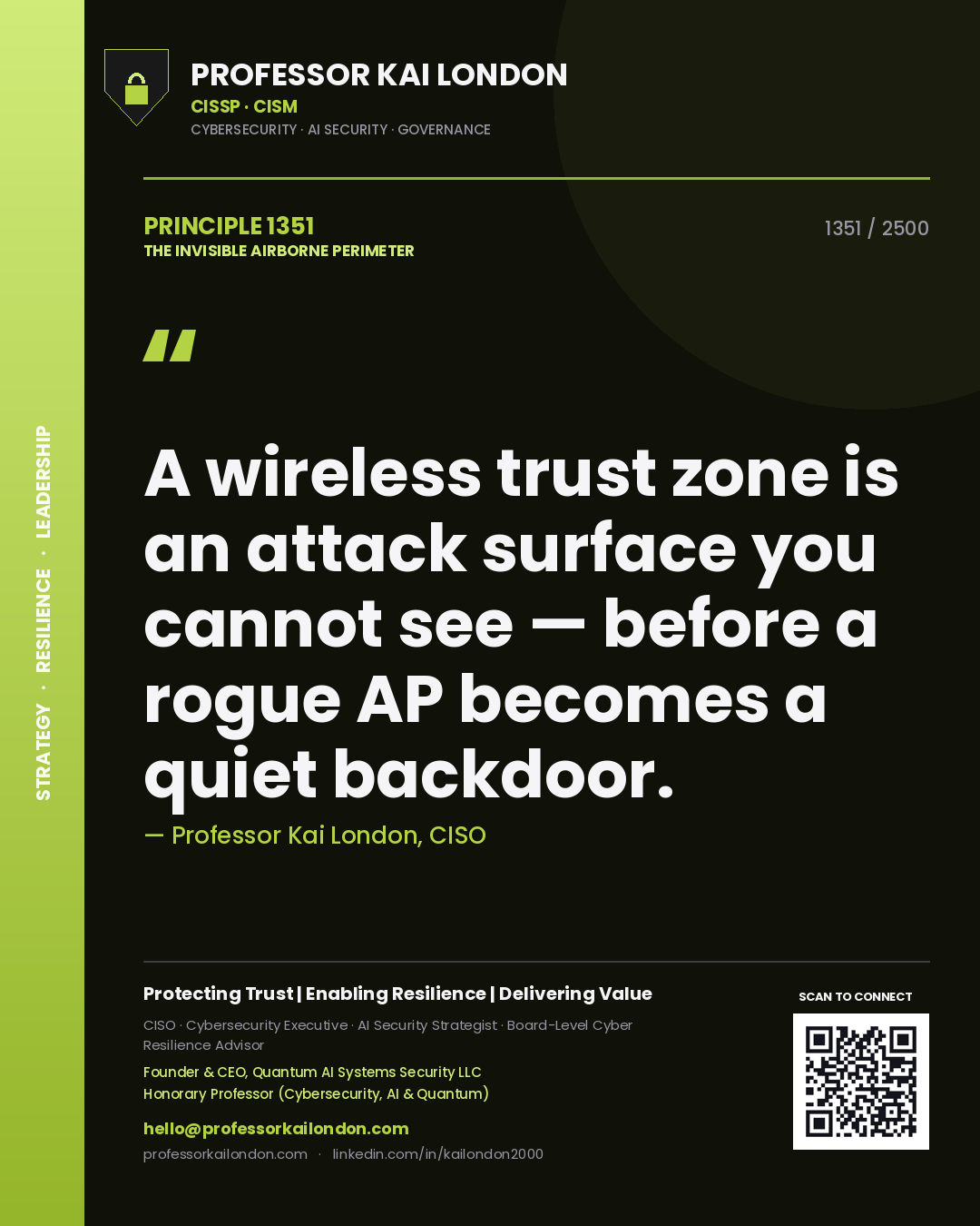 Quote card by Professor Kai London reading 'A wireless trust zone is an attack surface you cannot see — before a rogue AP becomes a quiet backdoor.'. From the book The Invisible Airborne Perimeter.