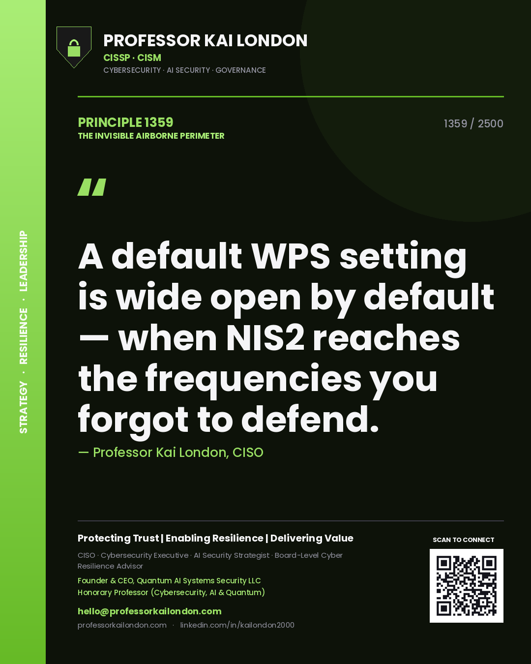 Professor Kai London principle 1359: A default WPS setting is wide open by default — when NIS2 reaches the frequencies you forgot to defend.