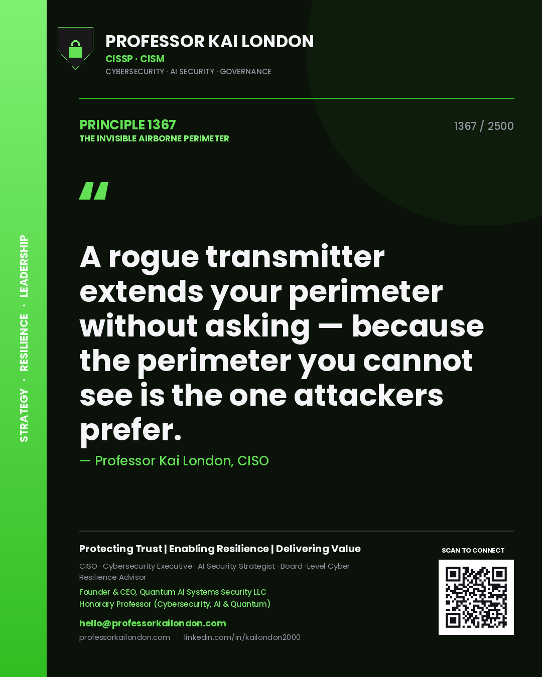 Professor Kai London principle 1367: A rogue transmitter extends your perimeter without asking — because the perimeter you cannot see is the one attackers prefer.