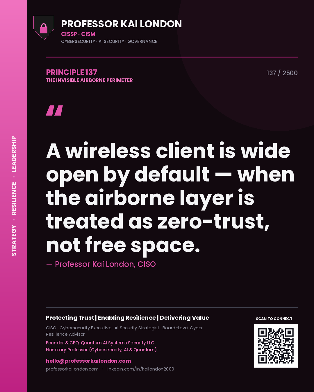 Quote card by Professor Kai London reading 'A wireless client is wide open by default — when the airborne layer is treated as zero-trust, not free space.'. From the book The Invisible Airborne Perimeter.