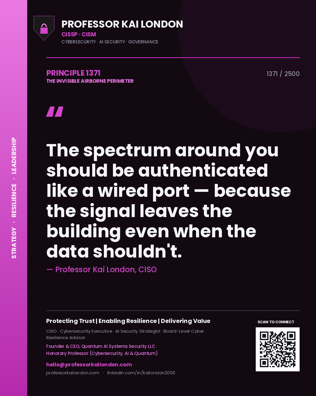 Quote card by Professor Kai London reading 'The spectrum around you should be authenticated like a wired port — because the signal leaves the building even when the data shouldn't.'. From the book The Invisible Airborne Perimeter.