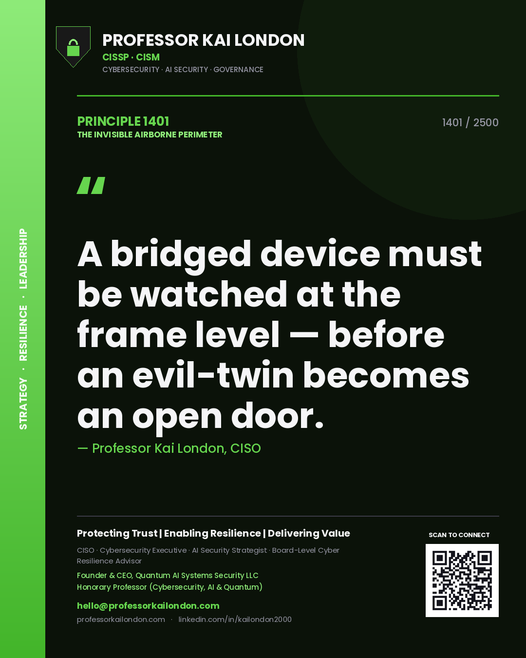Professor Kai London principle 1401: A bridged device must be watched at the frame level — before an evil-twin becomes an open door.
