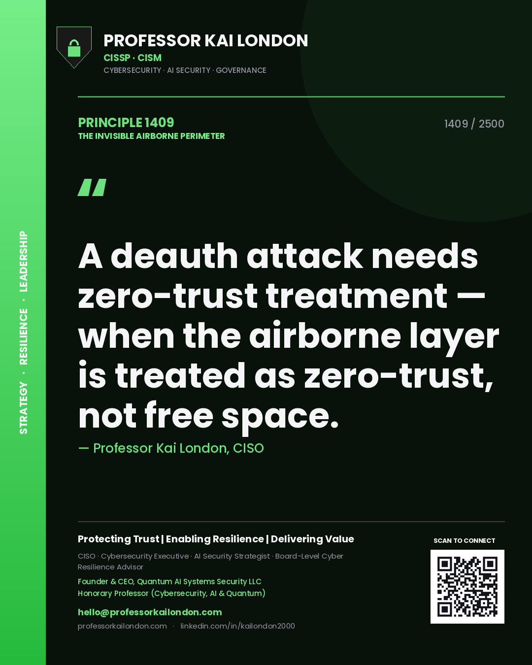 Professor Kai London principle 1409: A deauth attack needs zero-trust treatment — when the airborne layer is treated as zero-trust, not free space.