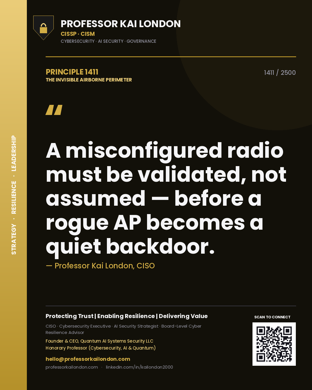 Professor Kai London principle 1411: A misconfigured radio must be validated, not assumed — before a rogue AP becomes a quiet backdoor.