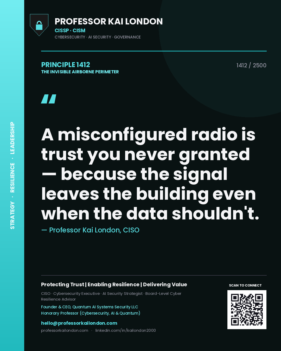 Quote card by Professor Kai London reading 'A misconfigured radio is trust you never granted — because the signal leaves the building even when the data shouldn't.'. From the book The Invisible Airborne Perimeter.