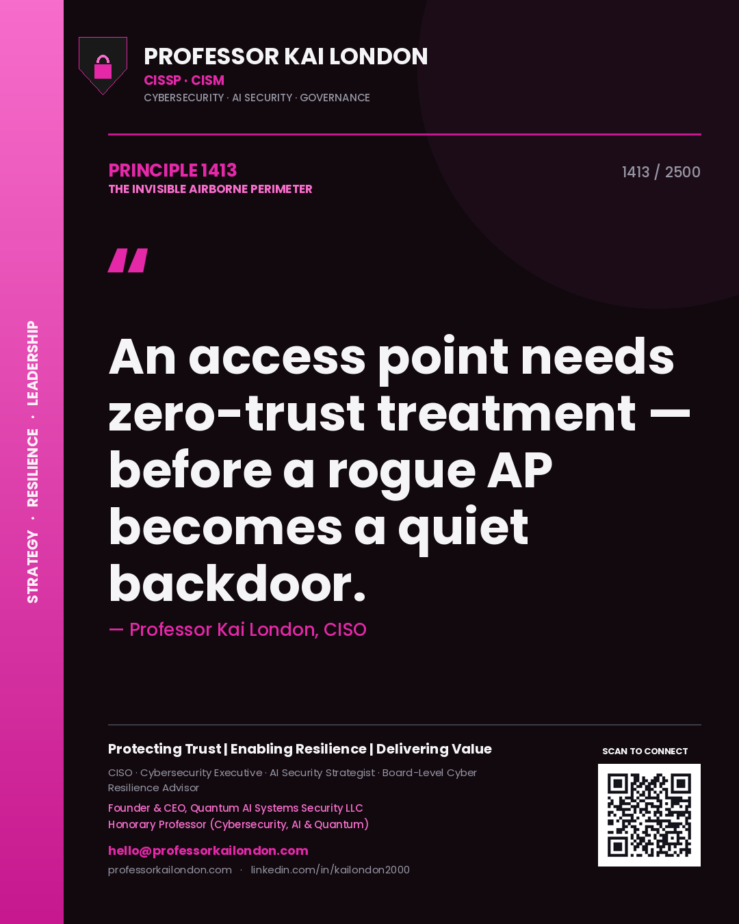 Professor Kai London principle 1413: An access point needs zero-trust treatment — before a rogue AP becomes a quiet backdoor.