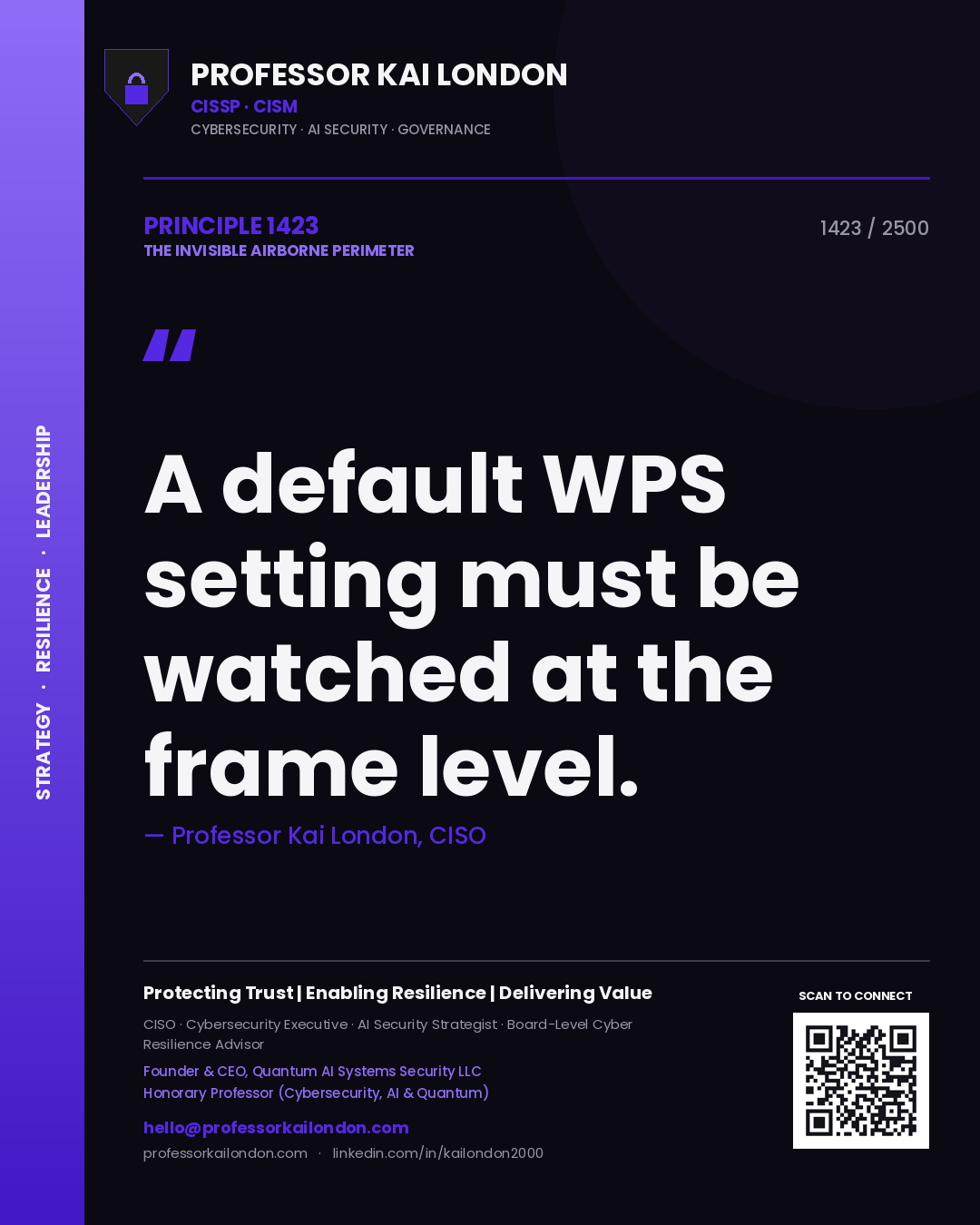 Quote card by Professor Kai London reading 'A default WPS setting must be watched at the frame level.'. From the book The Invisible Airborne Perimeter.