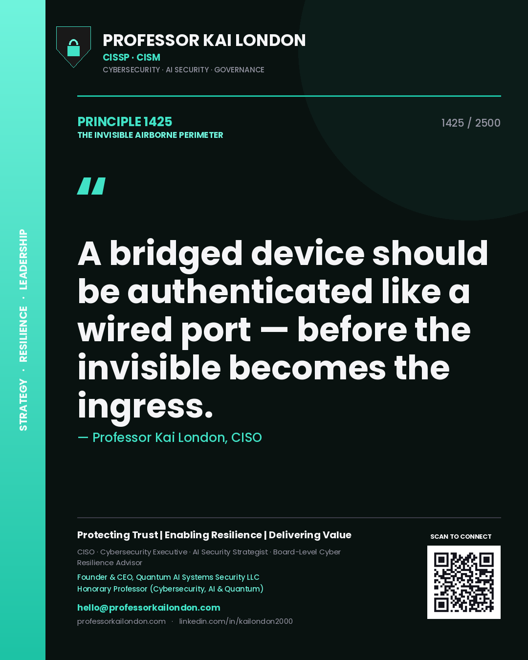 Quote card by Professor Kai London reading 'A bridged device should be authenticated like a wired port — before the invisible becomes the ingress.'. From the book The Invisible Airborne Perimeter.