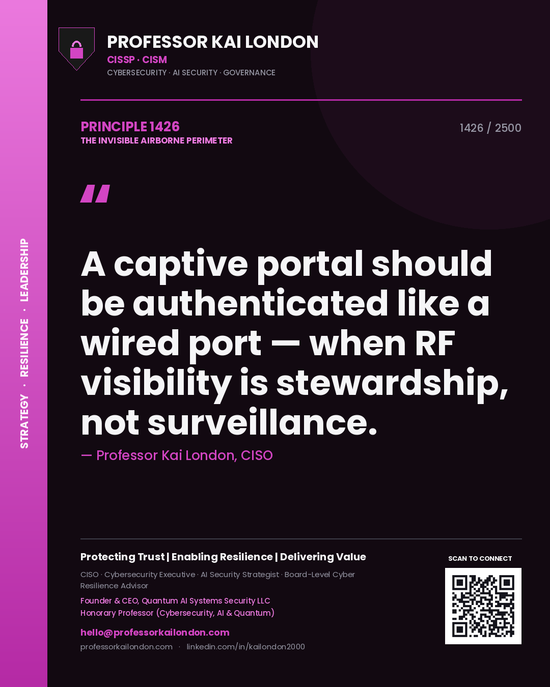 Quote card by Professor Kai London reading 'A captive portal should be authenticated like a wired port — when RF visibility is stewardship, not surveillance.'. From the book The Invisible Airborne Perimeter.