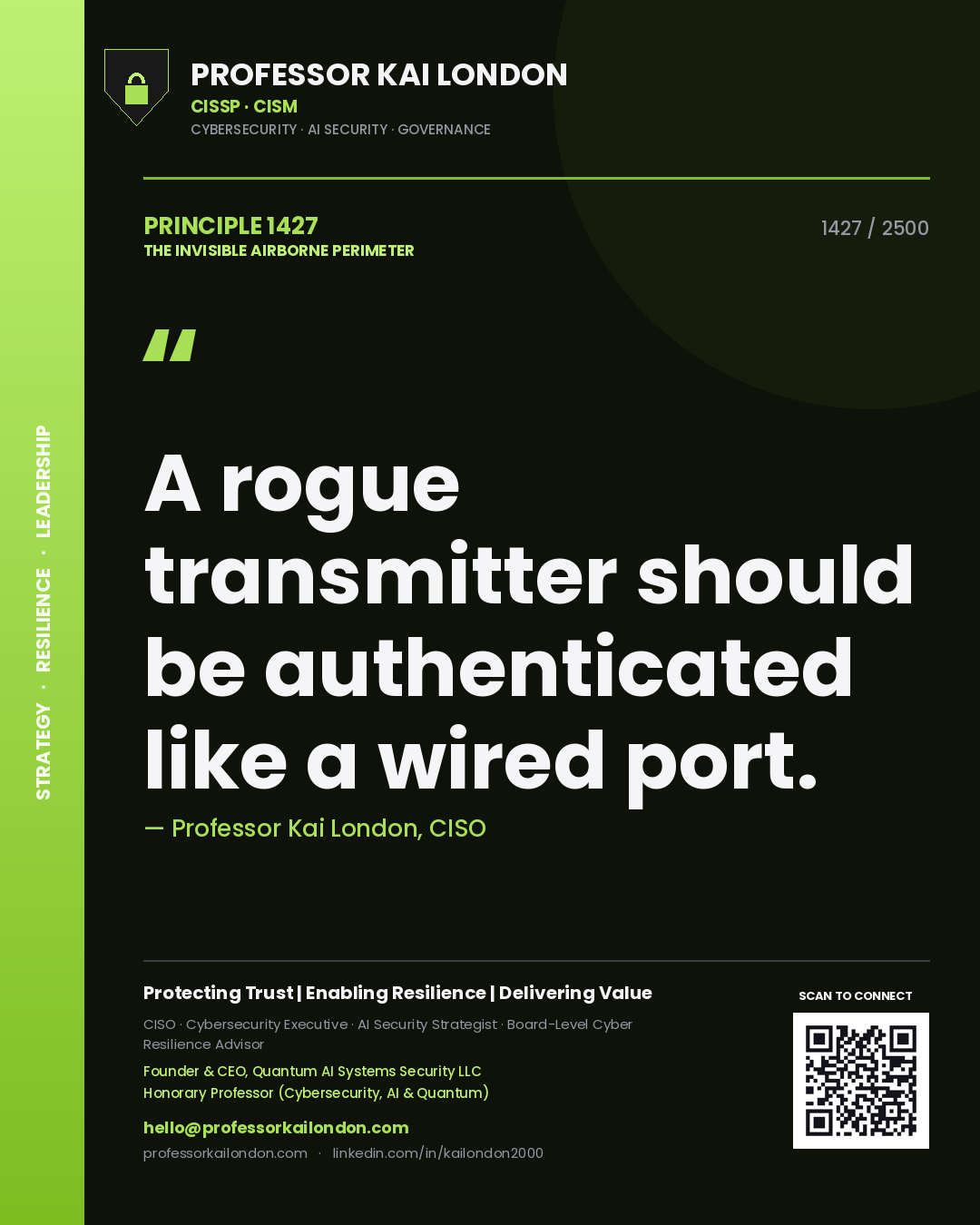 Quote card by Professor Kai London reading 'A rogue transmitter should be authenticated like a wired port.'. From the book The Invisible Airborne Perimeter.