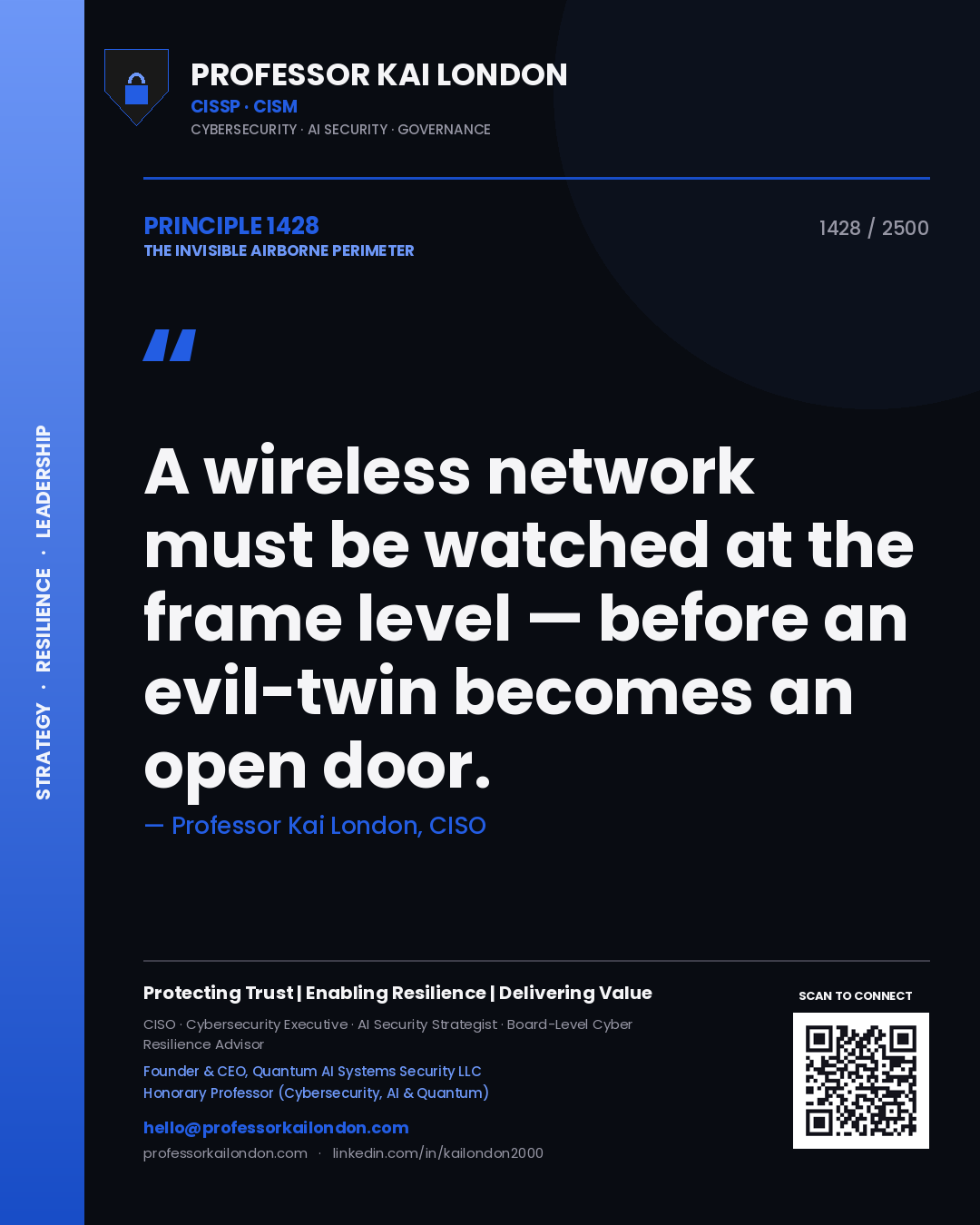 Professor Kai London principle 1428: A wireless network must be watched at the frame level — before an evil-twin becomes an open door.