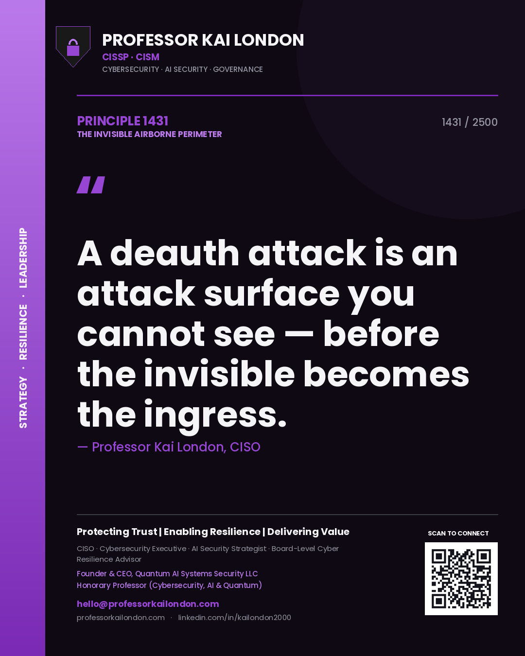 Quote card by Professor Kai London reading 'A deauth attack is an attack surface you cannot see — before the invisible becomes the ingress.'. From the book The Invisible Airborne Perimeter.