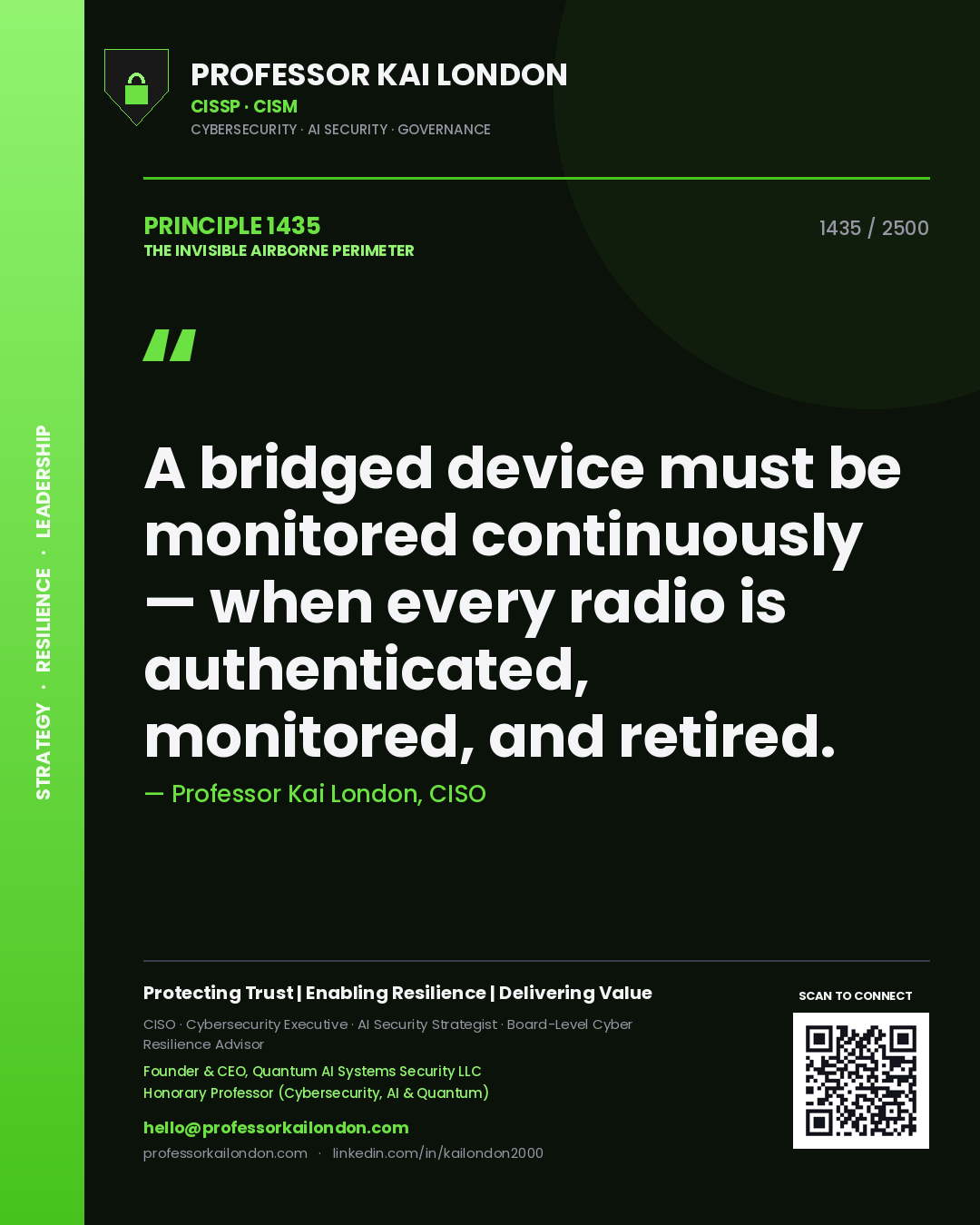 Professor Kai London principle 1435: A bridged device must be monitored continuously — when every radio is authenticated, monitored, and retired.