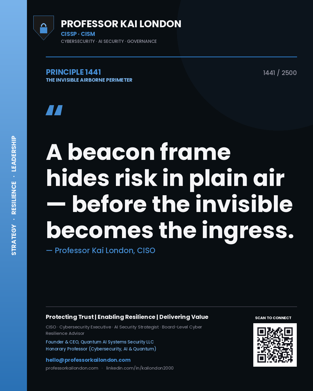 Professor Kai London principle 1441: A beacon frame hides risk in plain air — before the invisible becomes the ingress.