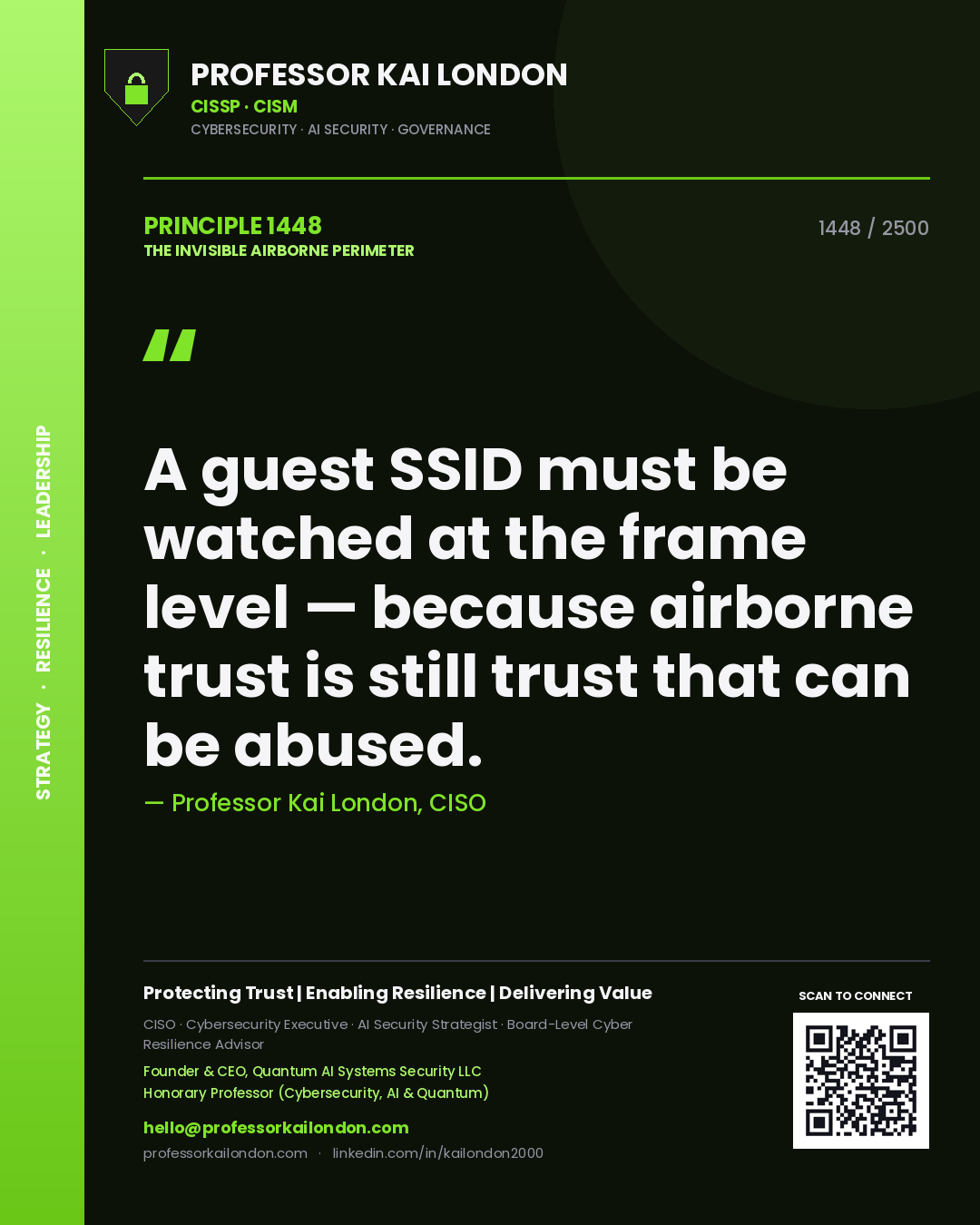 Professor Kai London principle 1448: A guest SSID must be watched at the frame level — because airborne trust is still trust that can be abused.
