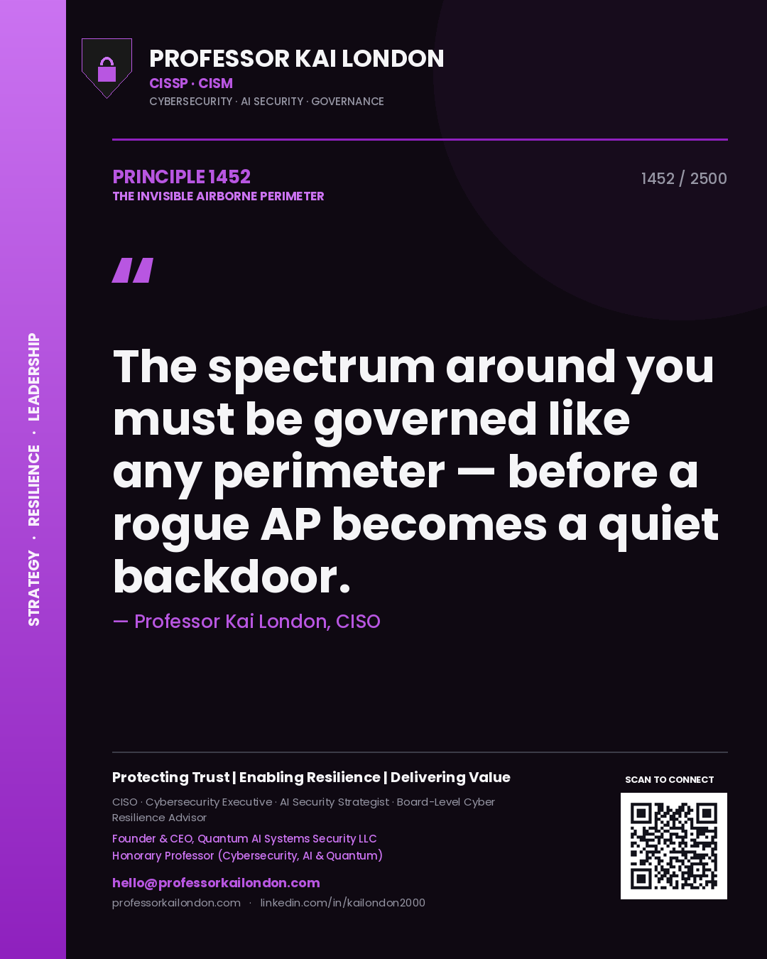Professor Kai London principle 1452: The spectrum around you must be governed like any perimeter — before a rogue AP becomes a quiet backdoor.