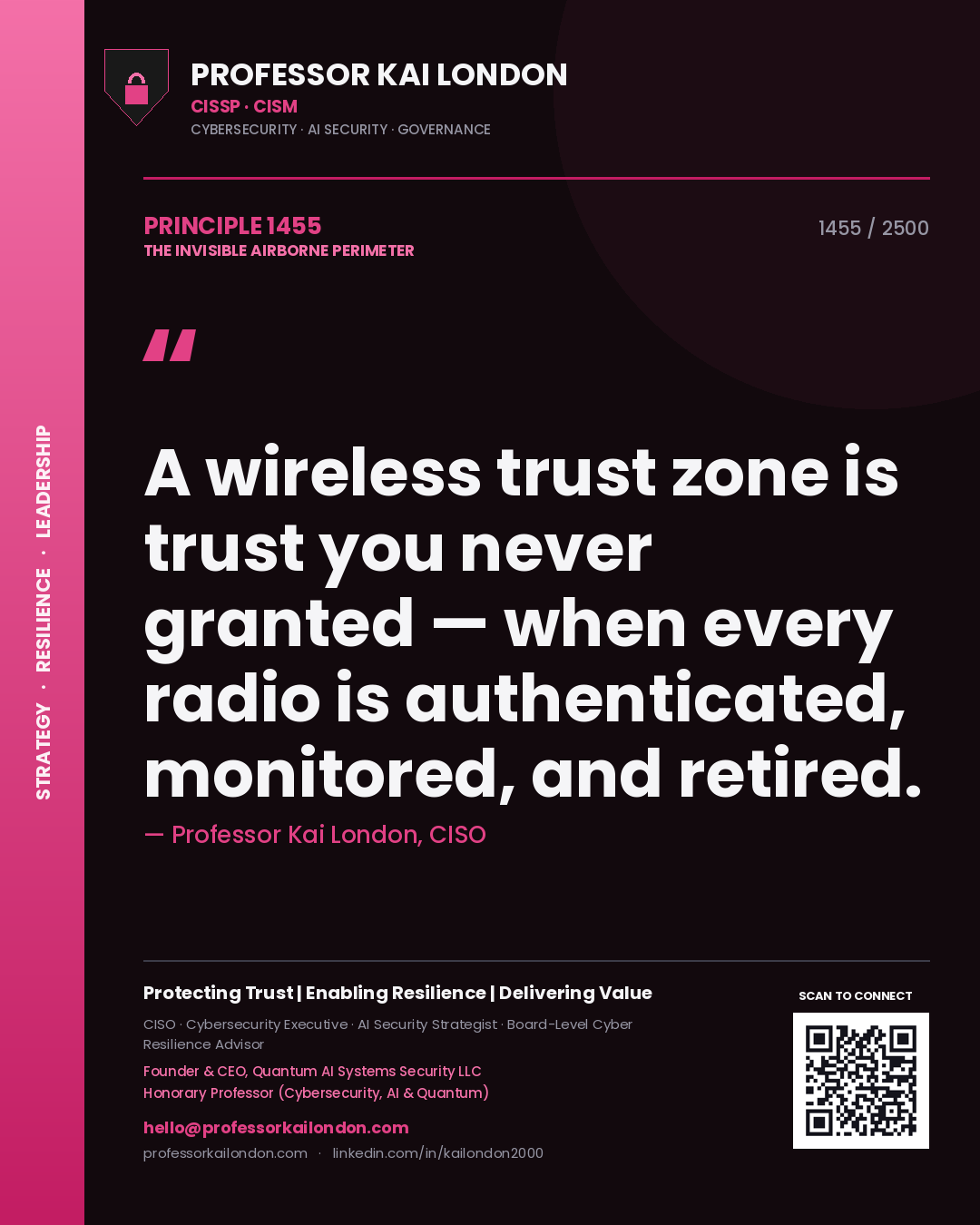 Professor Kai London principle 1455: A wireless trust zone is trust you never granted — when every radio is authenticated, monitored, and retired.