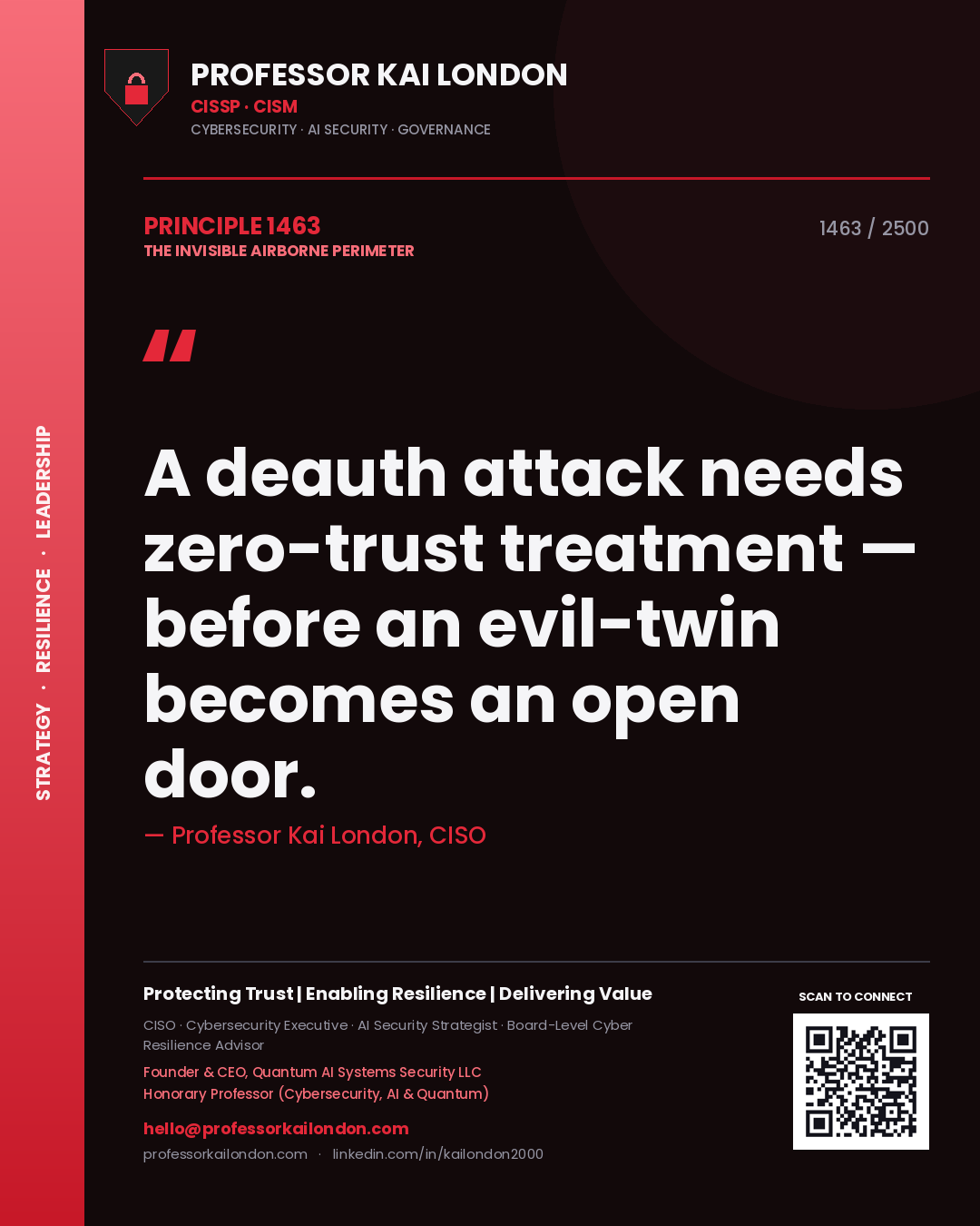 Professor Kai London principle 1463: A deauth attack needs zero-trust treatment — before an evil-twin becomes an open door.