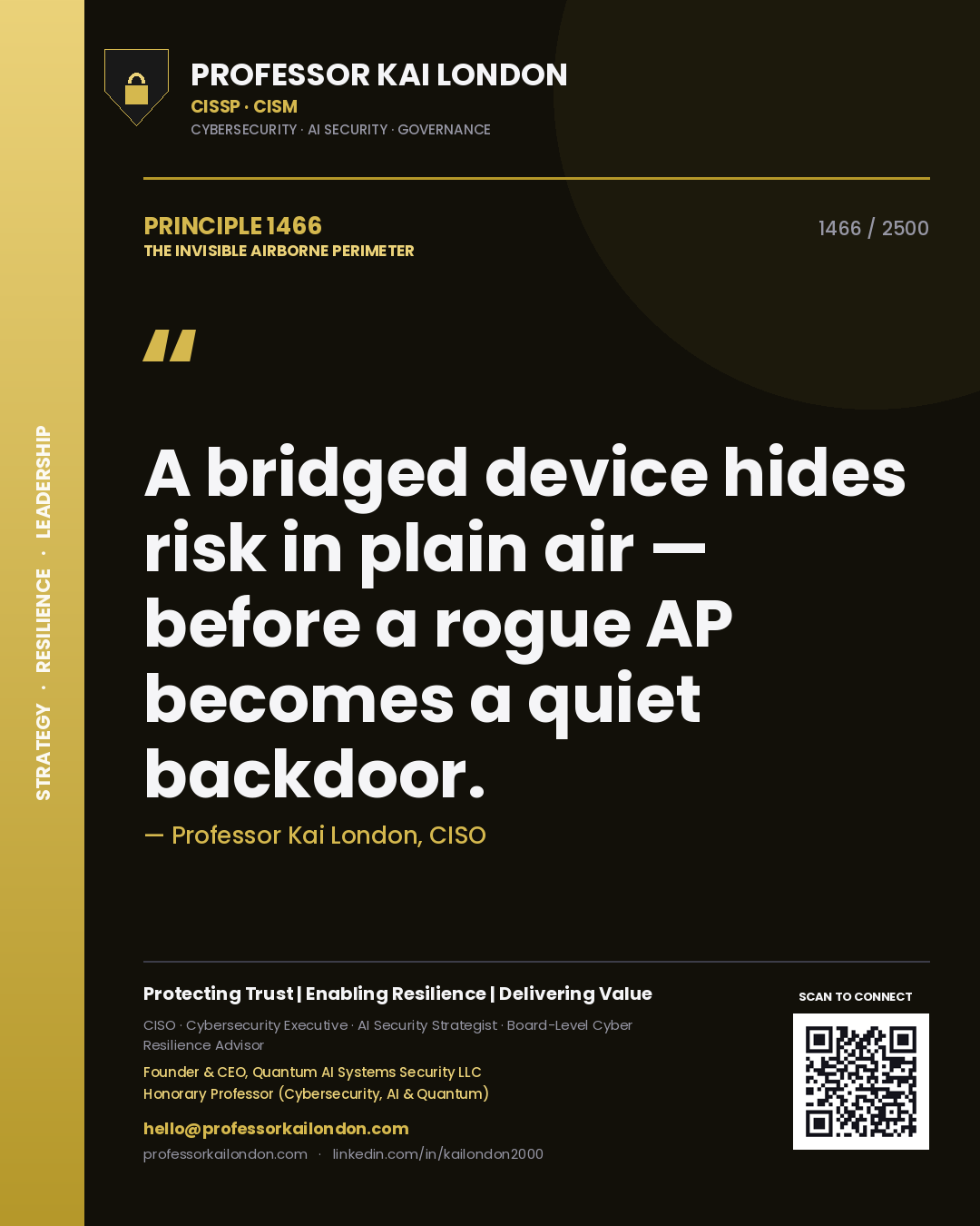 Quote card by Professor Kai London reading 'A bridged device hides risk in plain air — before a rogue AP becomes a quiet backdoor.'. From the book The Invisible Airborne Perimeter.
