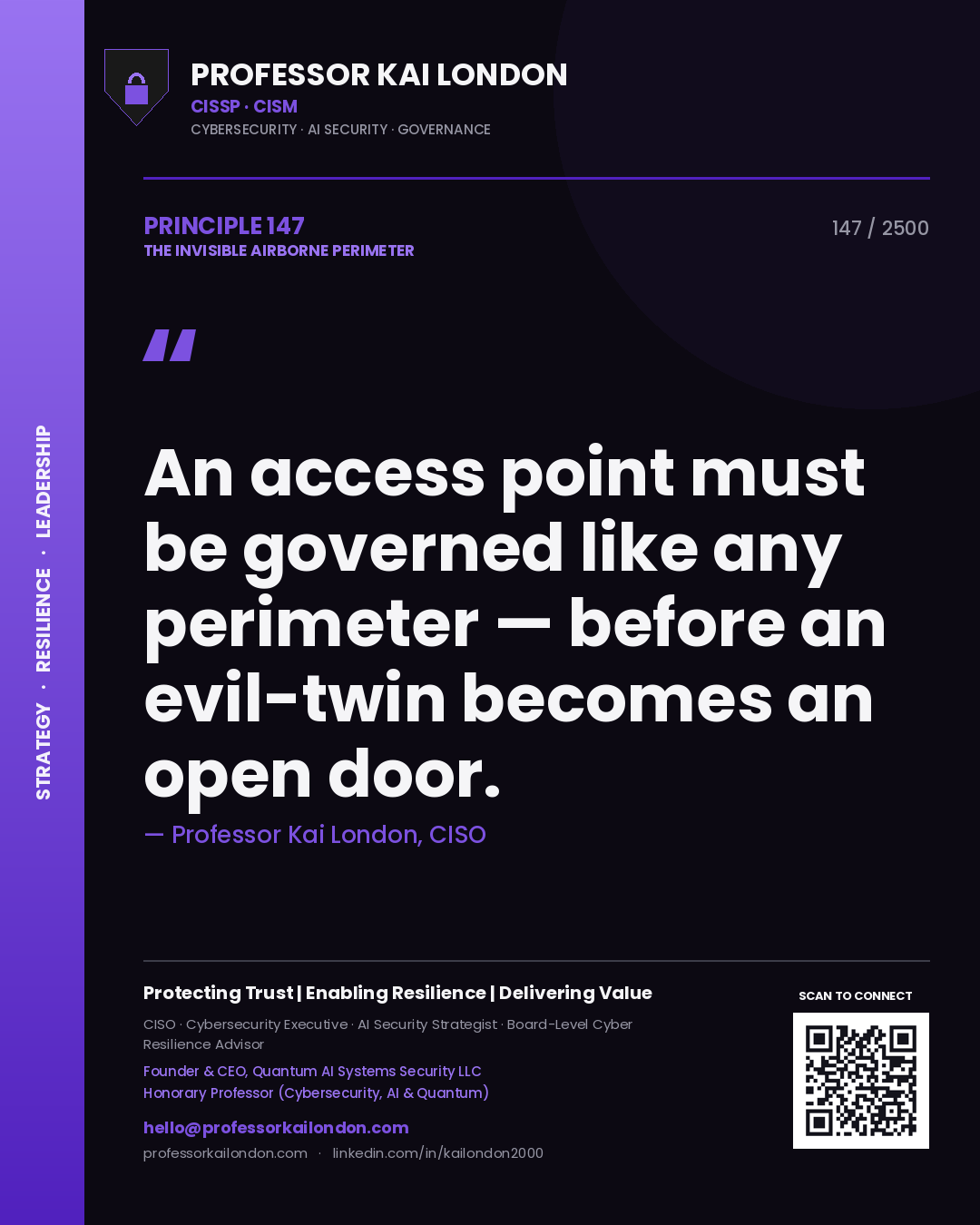 Quote card by Professor Kai London reading 'An access point must be governed like any perimeter — before an evil-twin becomes an open door.'. From the book The Invisible Airborne Perimeter.