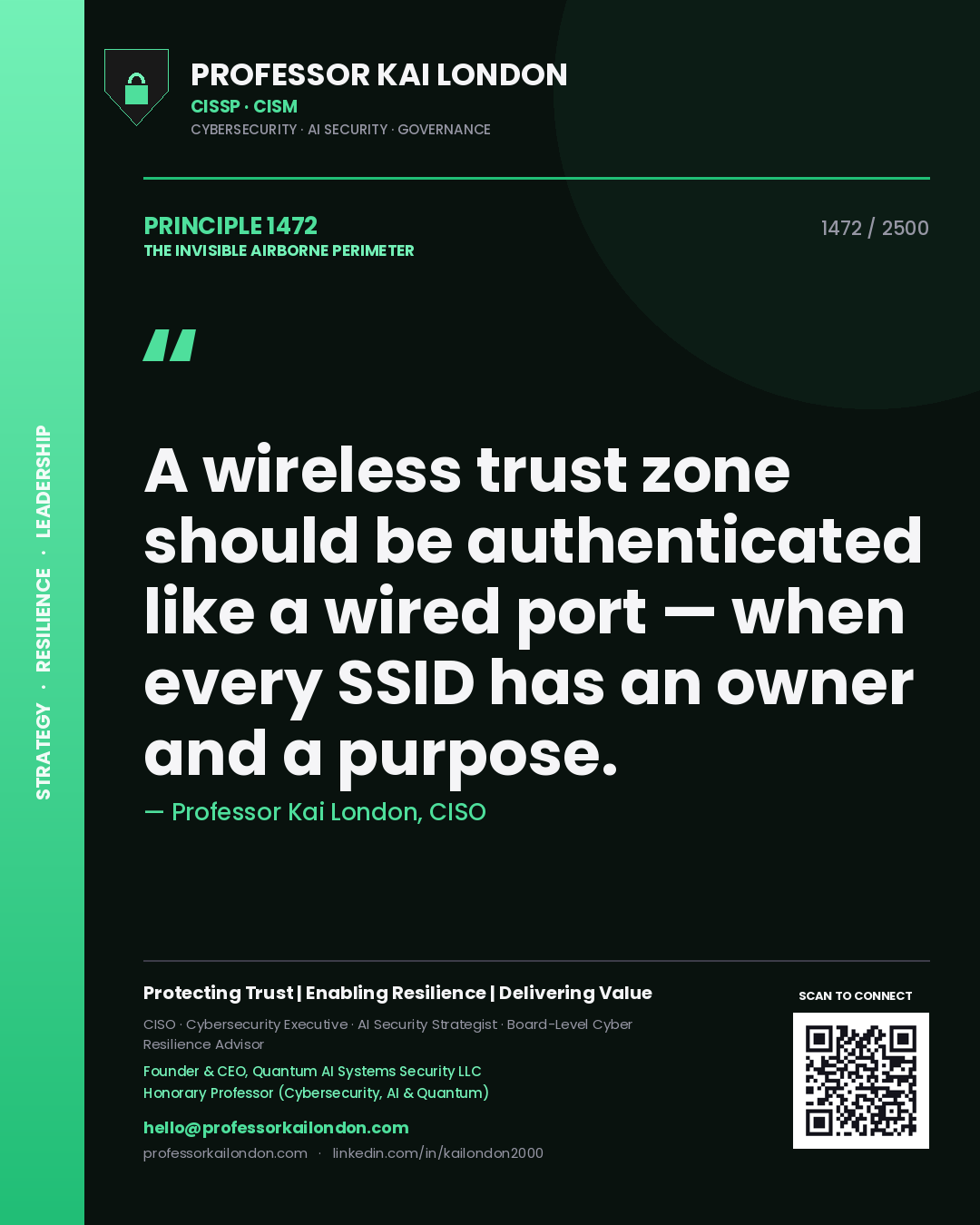 Professor Kai London principle 1472: A wireless trust zone should be authenticated like a wired port — when every SSID has an owner and a purpose.