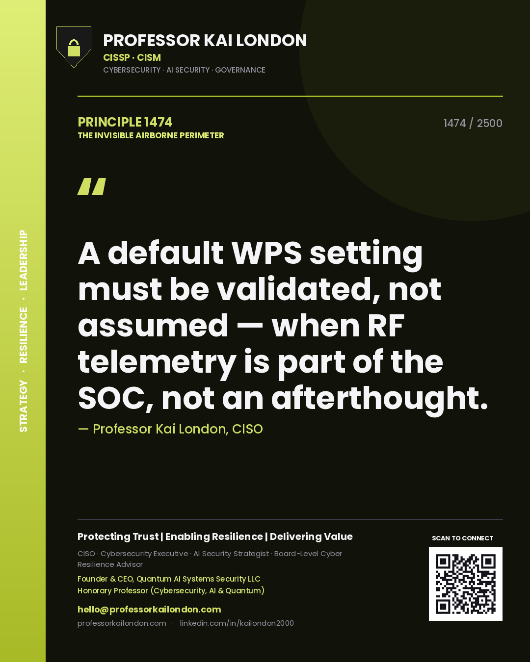 Quote card by Professor Kai London reading 'A default WPS setting must be validated, not assumed — when RF telemetry is part of the SOC, not an afterthought.'. From the book The Invisible Airborne Perimeter.