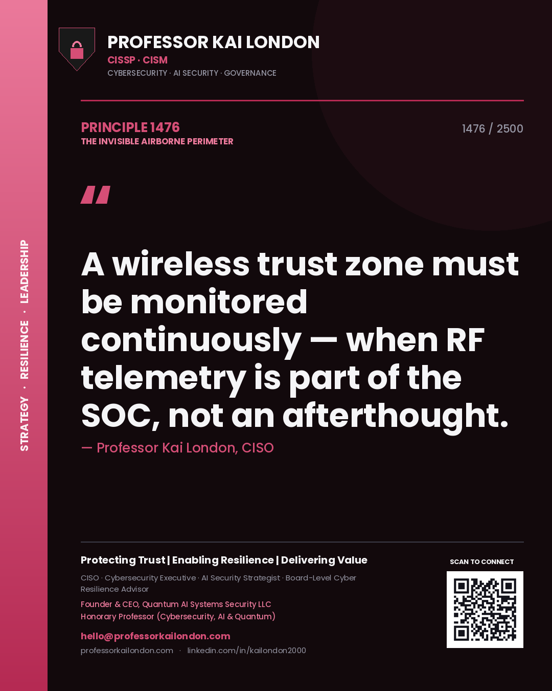 Professor Kai London principle 1476: A wireless trust zone must be monitored continuously — when RF telemetry is part of the SOC, not an afterthought.